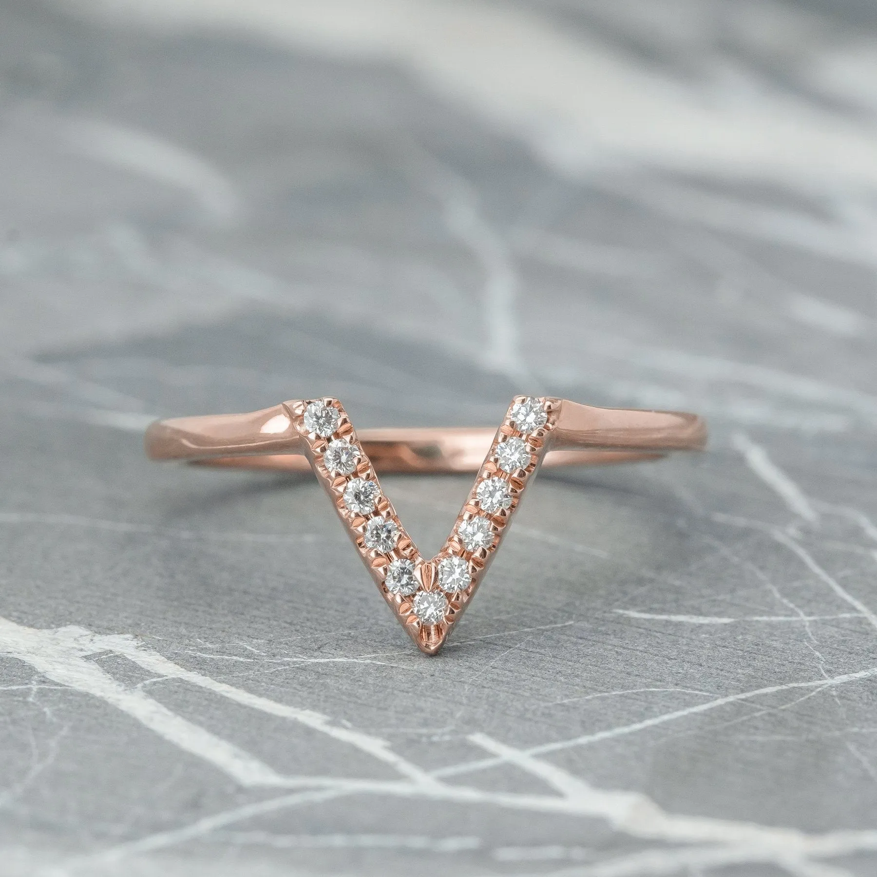 11 Diamond V Wedding Band, Victoria Setting, 14K Rose Gold