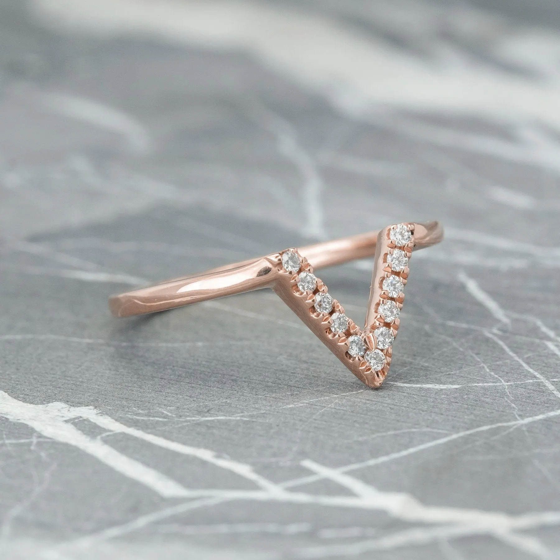 11 Diamond V Wedding Band, Victoria Setting, 14K Rose Gold