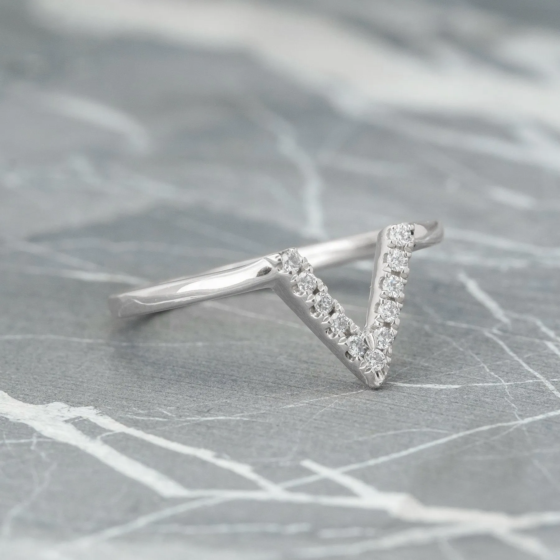 11 Diamond V Wedding Band, Victoria Setting, 14K White Gold