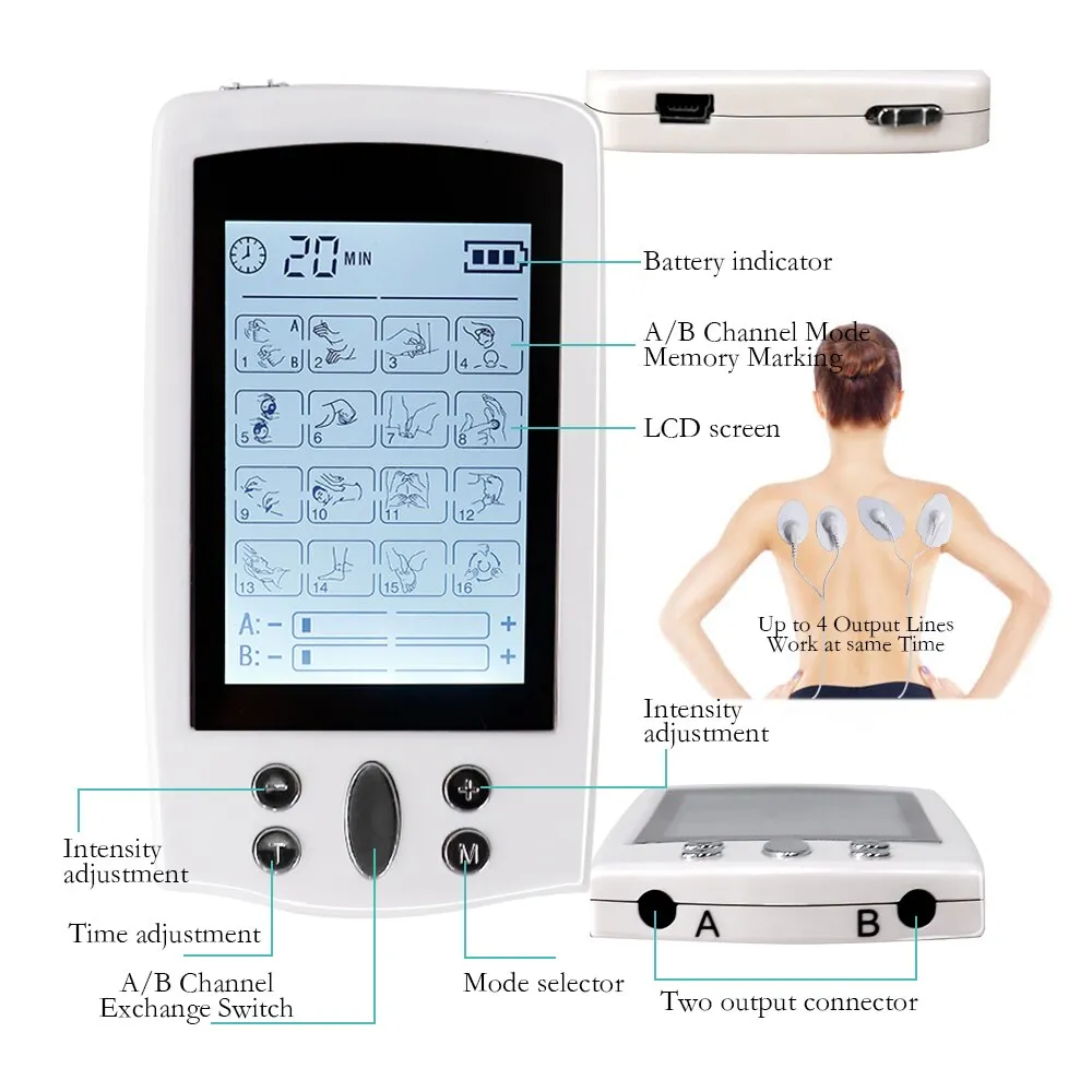16 Modes Dual Output Health Care Body Massage Electric EMS Muscle Stimulator TENS Unit Electronic Pulse Physiotherapy Massager