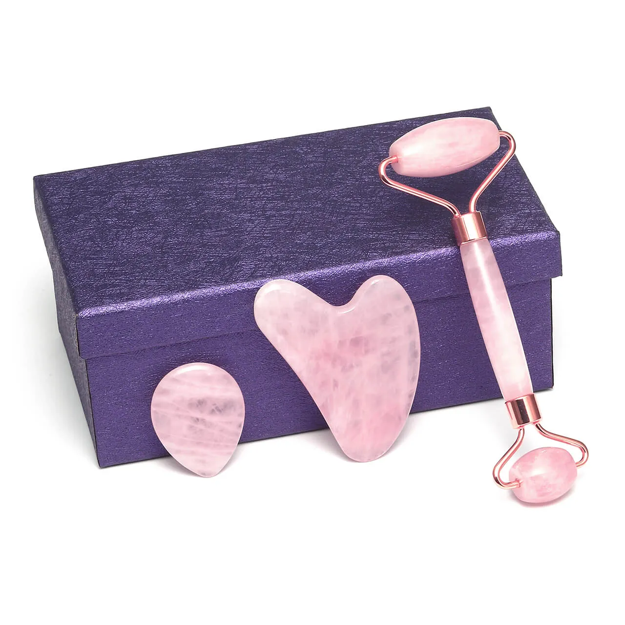 3 in 1 Rose Quartz Jade Roller and Sha Massager Tools Set | Jovivi