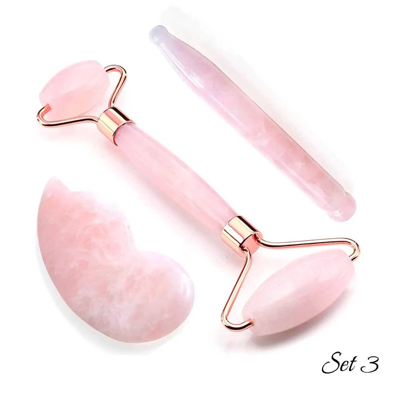 3 in 1 Rose Quartz Jade Roller and Sha Massager Tools Set | Jovivi