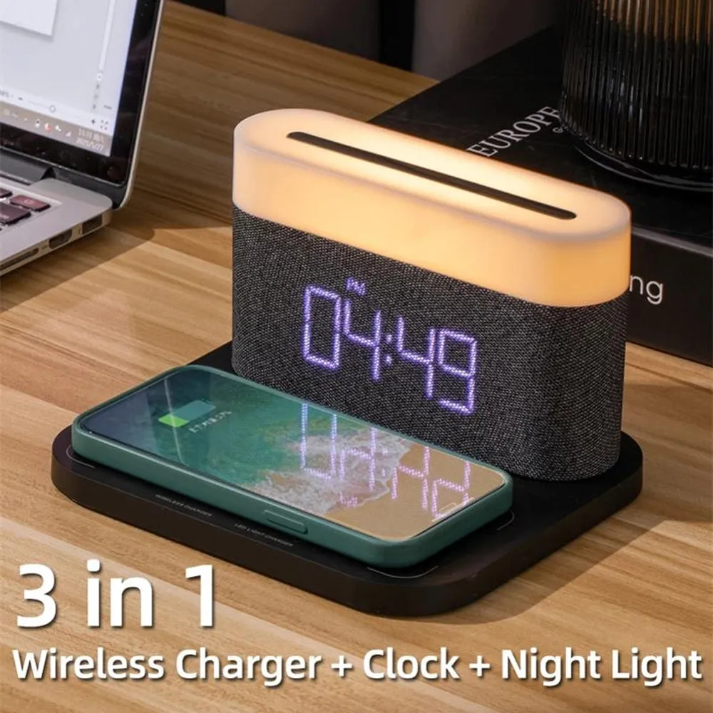 3-in-1 Wireless Charger Alarm Clock and Adjustable Night Light- USB Power Supply
