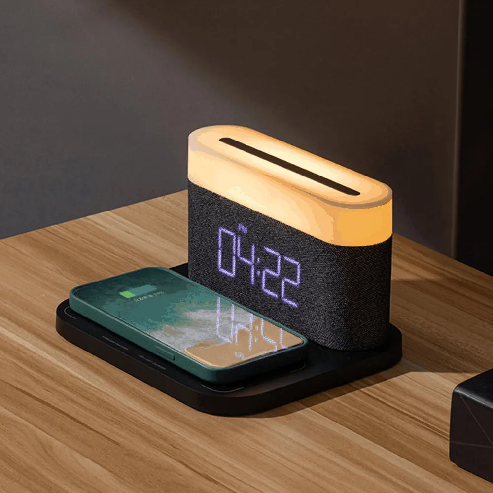 3-in-1 Wireless Charger Alarm Clock and Adjustable Night Light- USB Power Supply