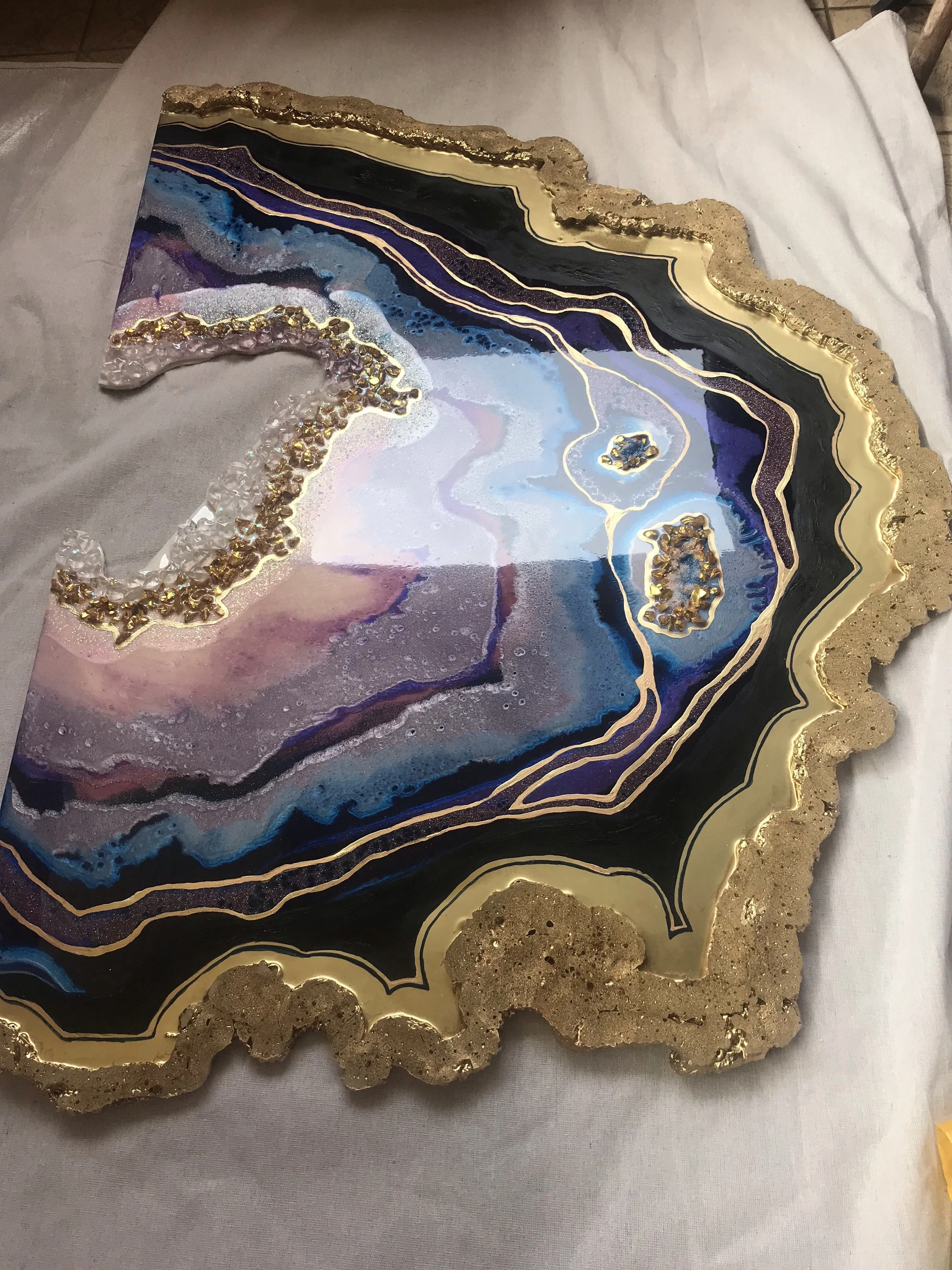 Amethyst. Freeform Purple and Gold Geode Gemstone Artwork with Amethysts