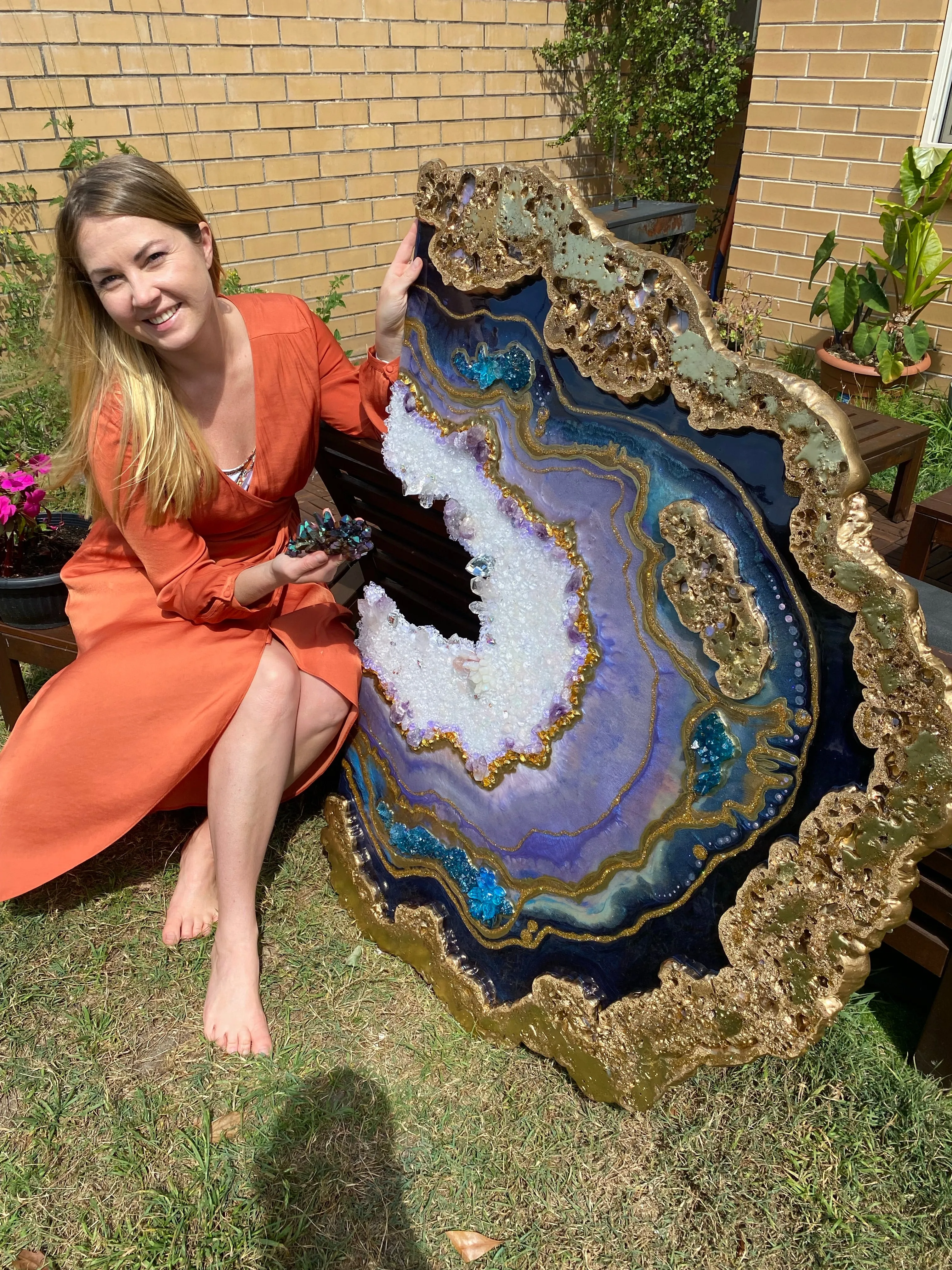 Amethyst. Freeform Purple and Gold Geode Gemstone Artwork with Amethysts