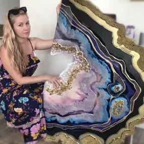 Amethyst. Freeform Purple and Gold Geode Gemstone Crystal Agate. Original Artwork. 120x88cm
