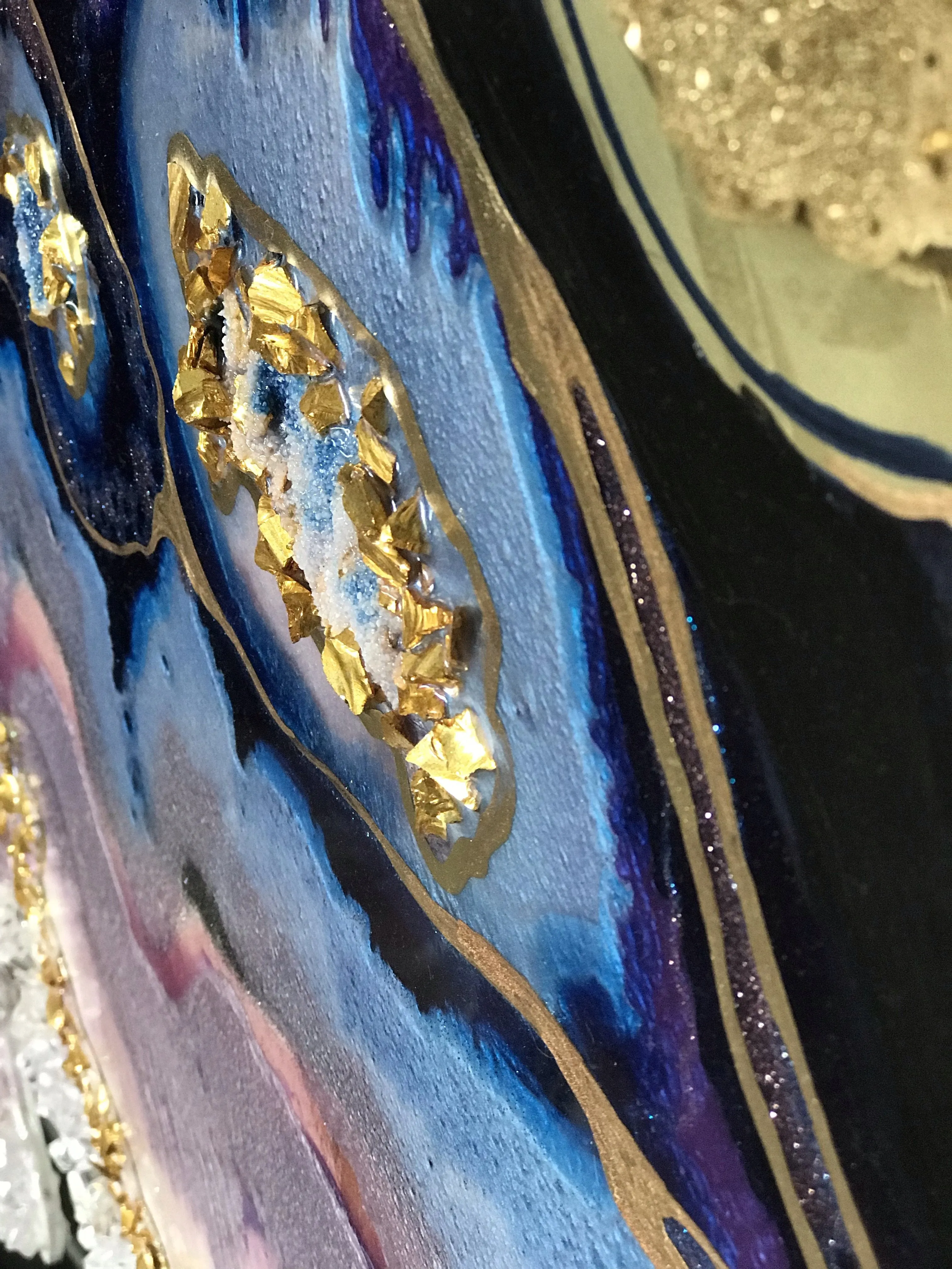 Amethyst Geode. Freeform Purple and Gold Geode Gemstone Artwork with Amethysts