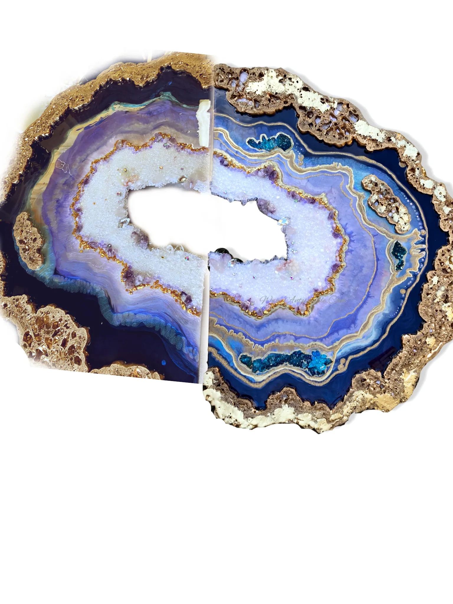 Amethyst Geode. Freeform Purple and Gold Geode Gemstone Artwork with Amethysts
