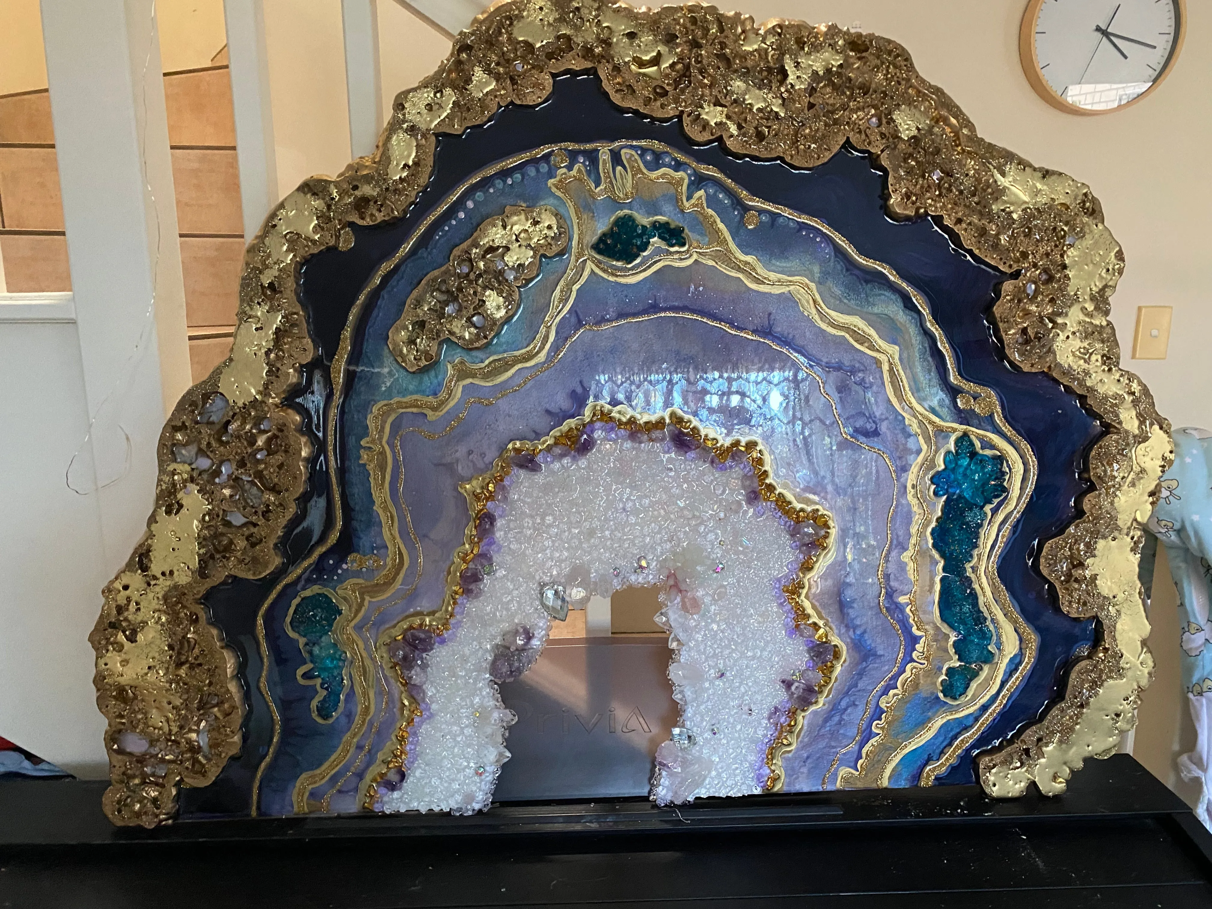 Amethyst Geode. Freeform Purple and Gold Geode Gemstone Artwork with Amethysts