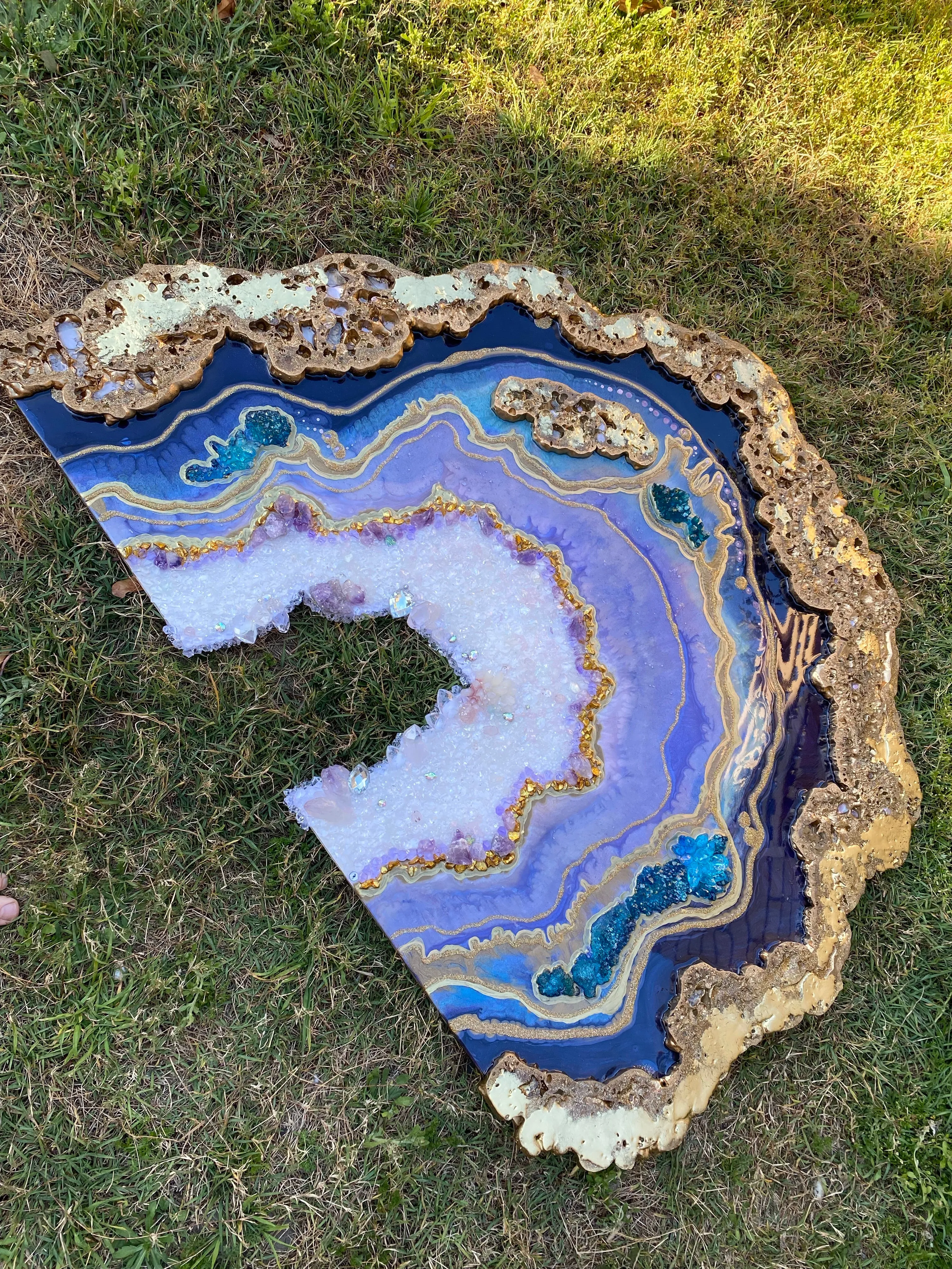Amethyst Geode. Freeform Purple and Gold Geode Gemstone Artwork with Amethysts