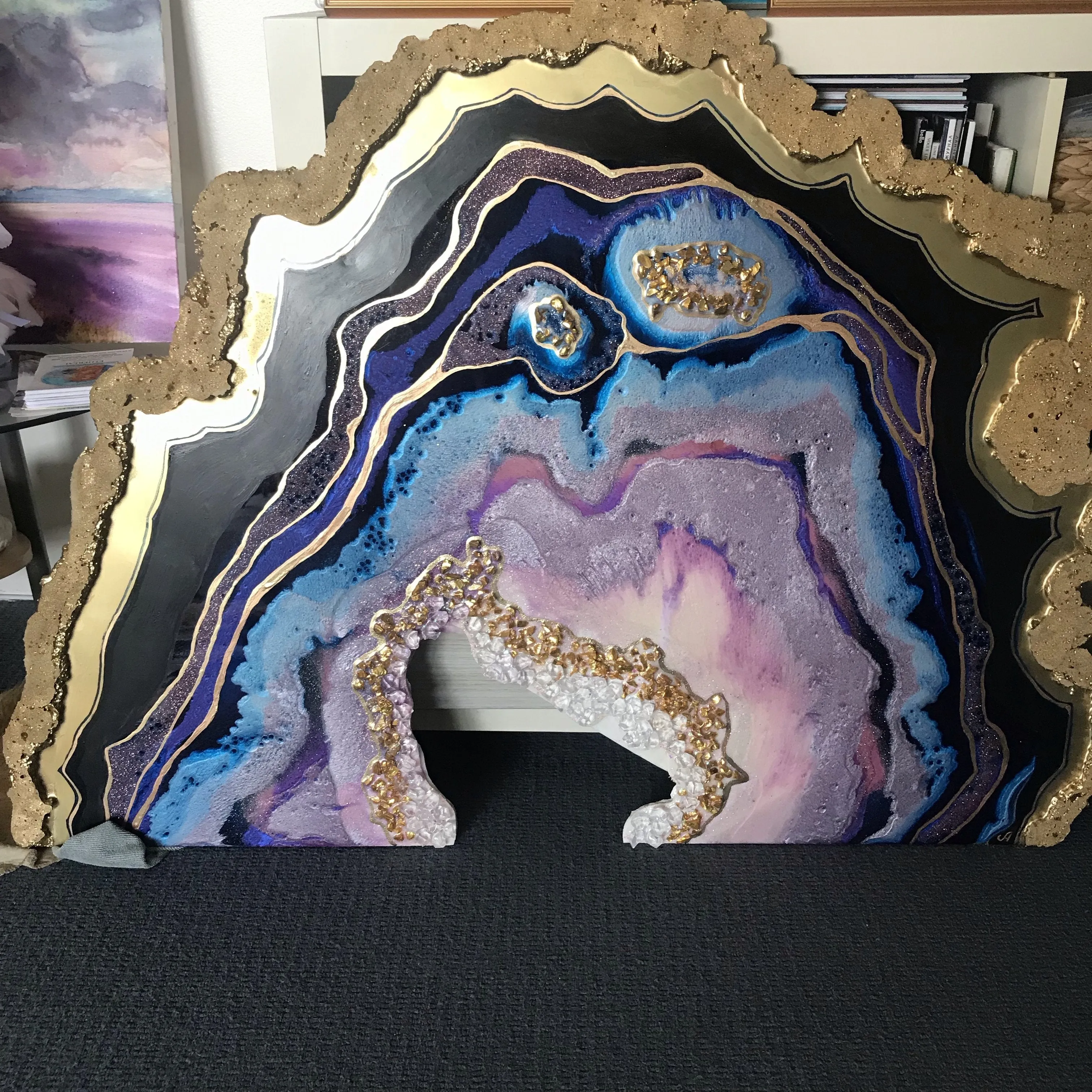 Amethyst Geode. Freeform Purple and Gold Geode Gemstone Artwork with Amethysts
