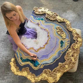 Amethyst Geode. Freeform Purple and Gold Geode Gemstone Artwork with Amethysts