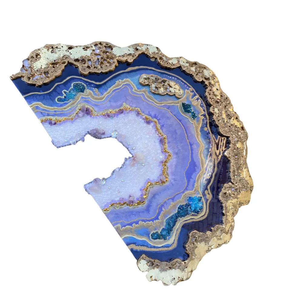 Amethyst Geode. Freeform Purple and Gold Geode Gemstone Artwork with Amethysts