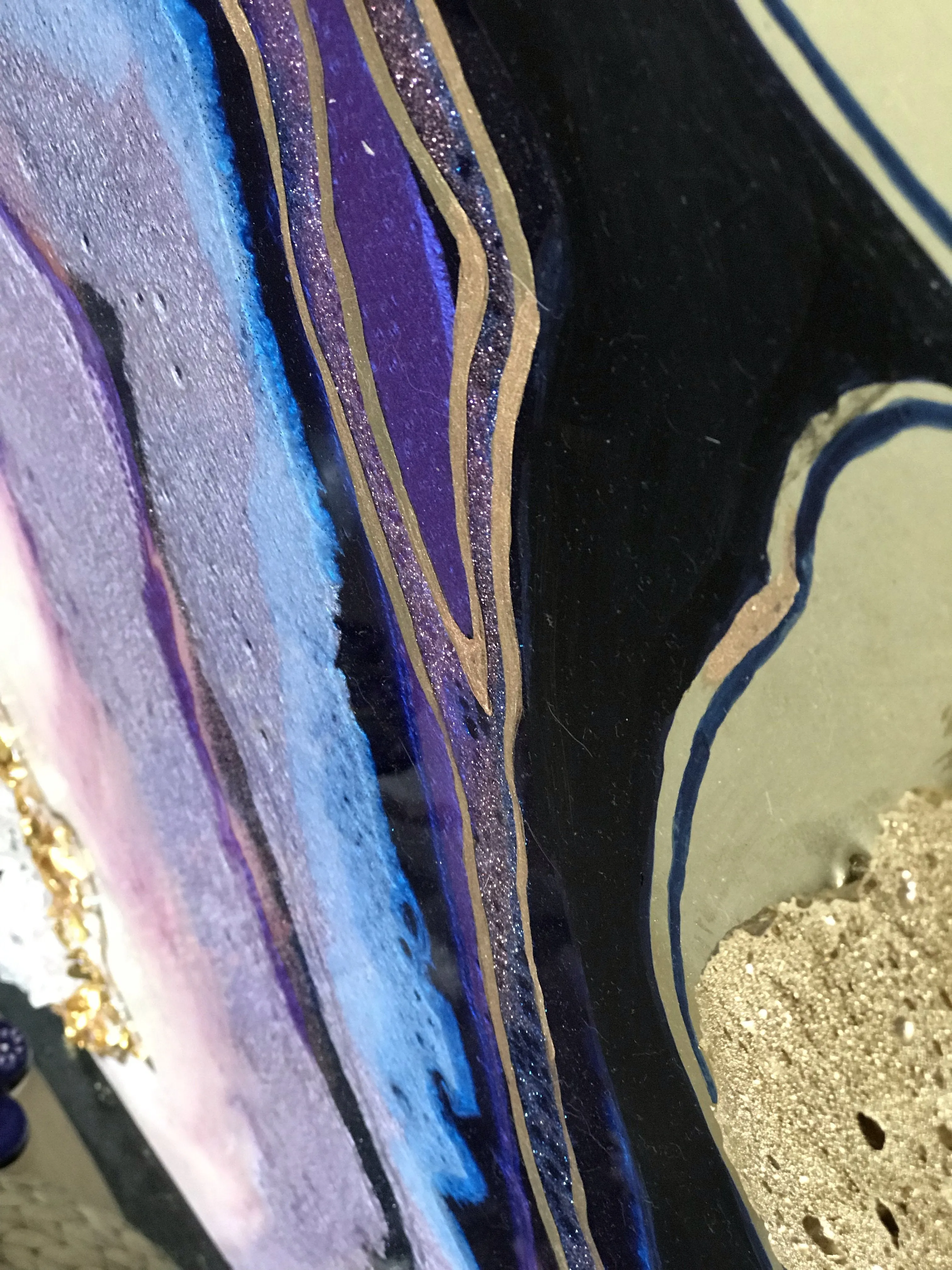 Amethyst Geode. Freeform Purple and Gold Geode Gemstone Artwork with Amethysts