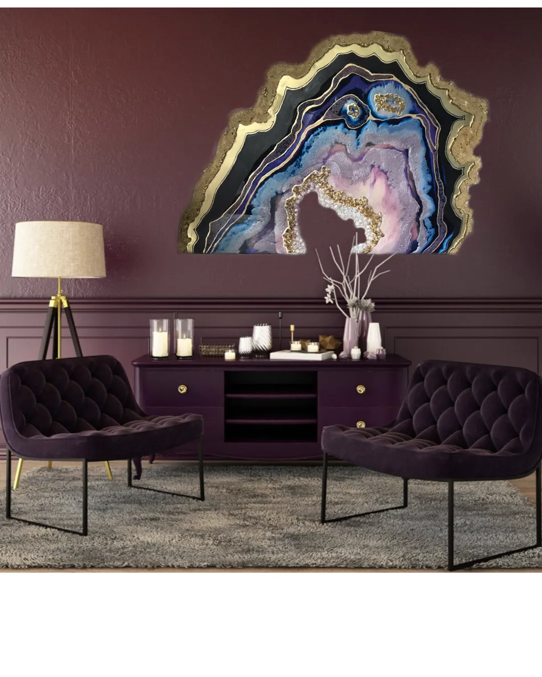 Amethyst Geode. Freeform Purple and Gold Geode Gemstone Artwork with Amethysts