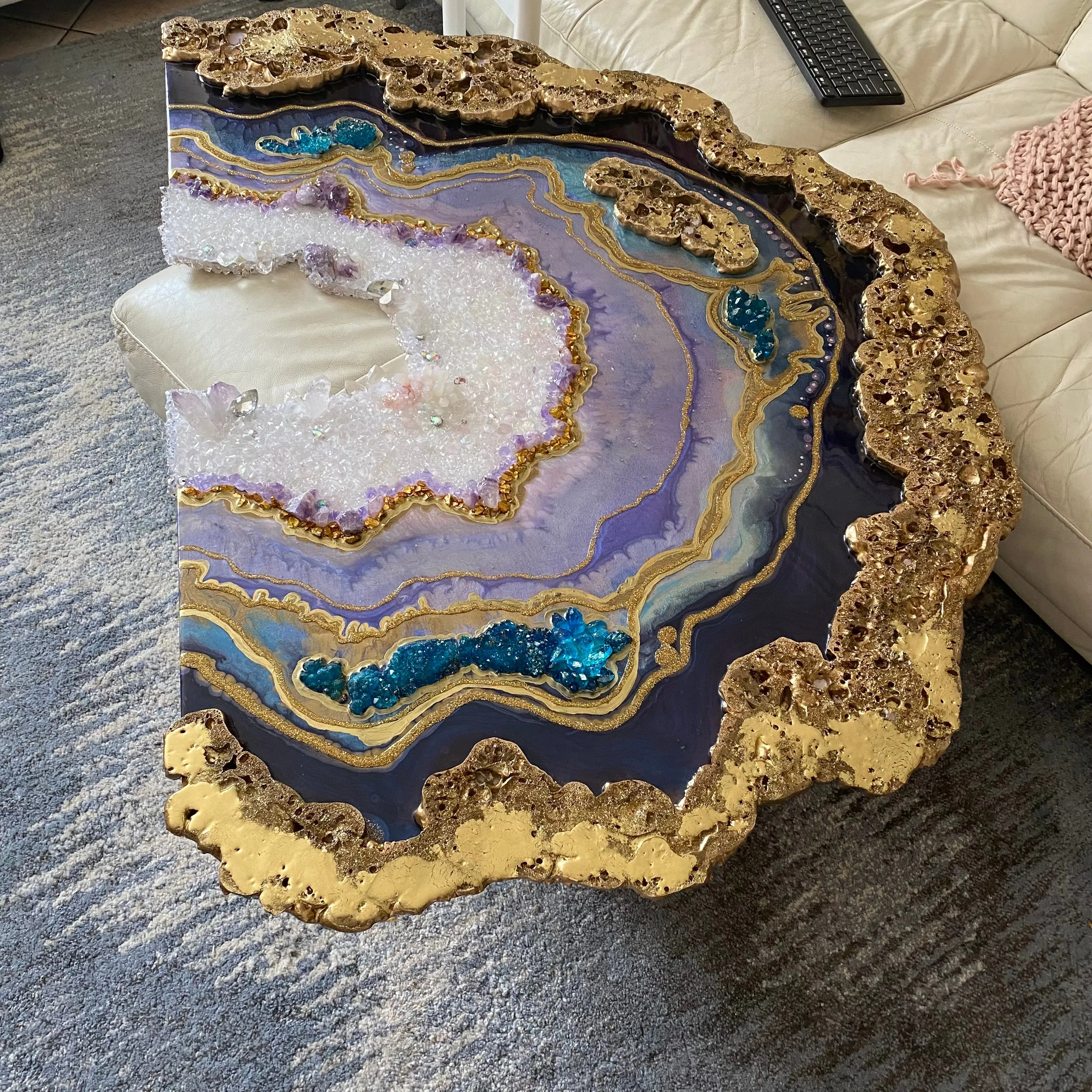 Amethyst Geode. Freeform Purple and Gold Geode Gemstone Artwork with Amethysts
