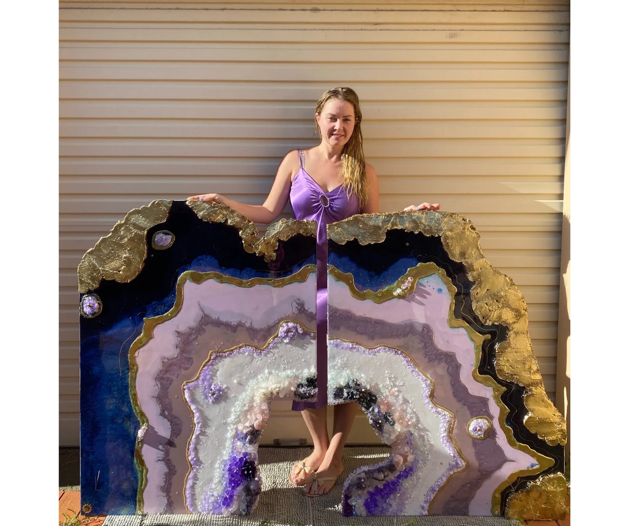 Amethyst Purple and Gold Freeform Crystal with Amethysts, Rose Quartz, Clear Quartz and swarovski crystals set of 2 - 120x180cm
