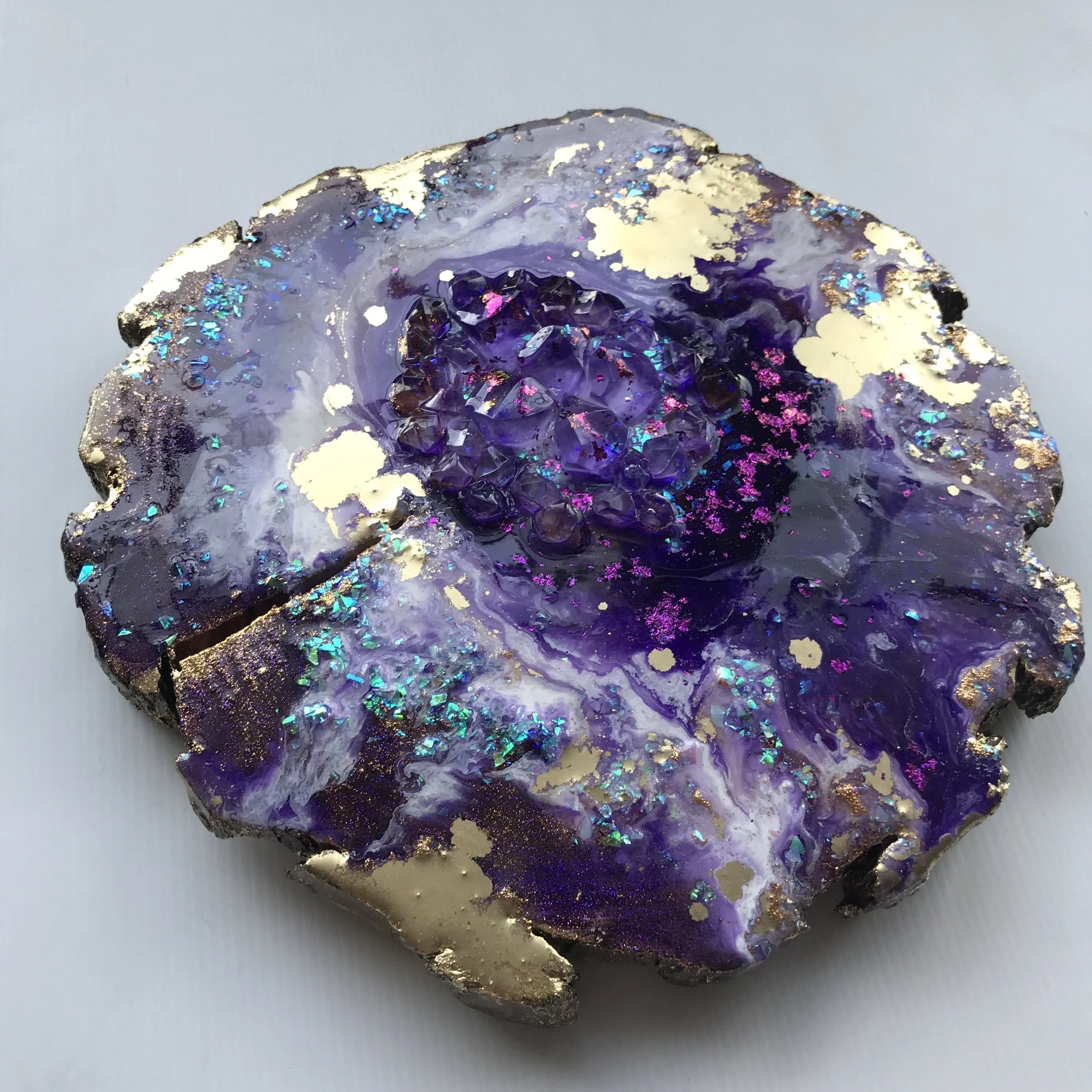 Amethyst Torus  Geode. Freeform Purple and Gold Geode Gemstone Artwork with Amethysts