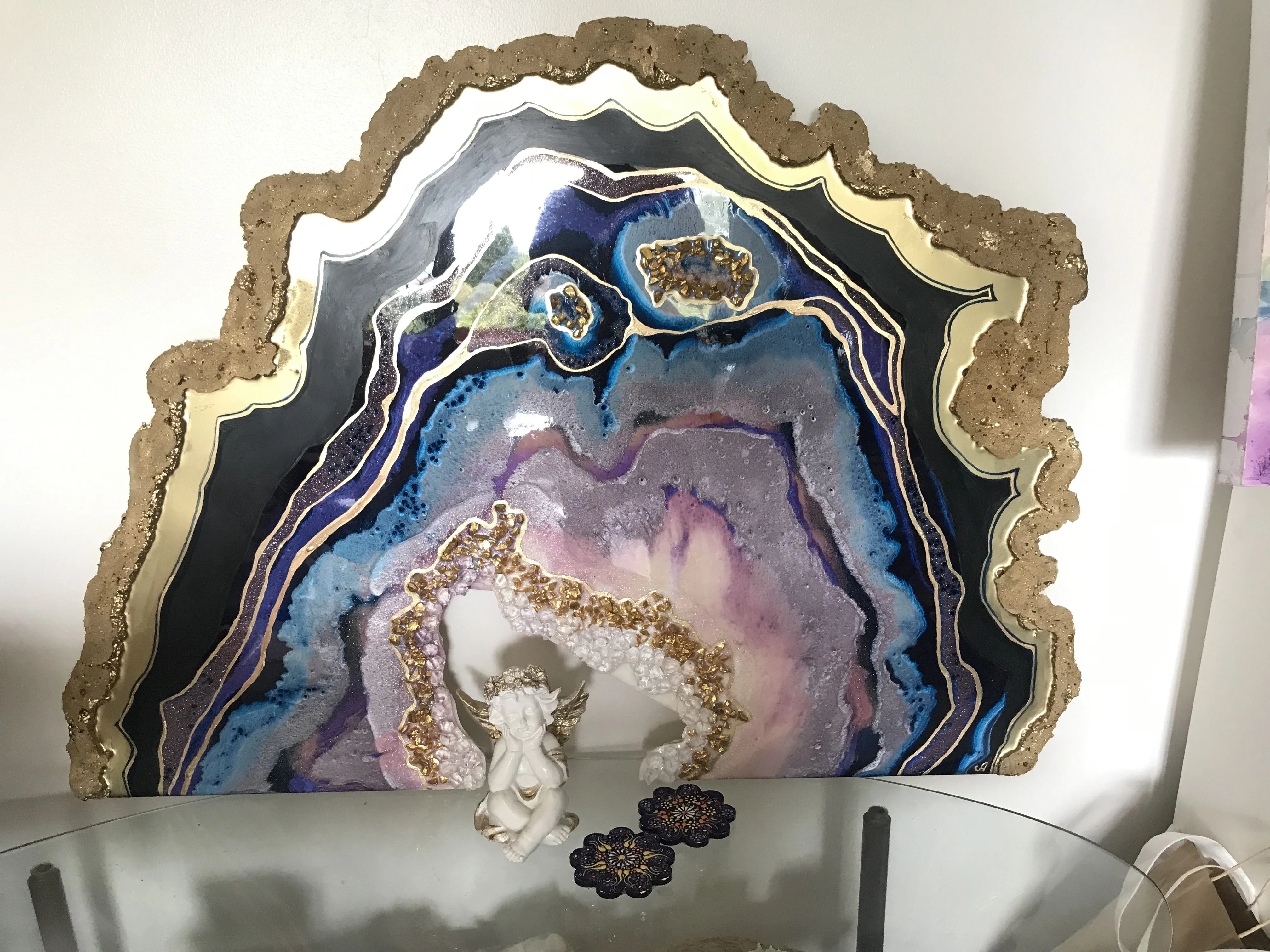 Amethyst Torus  Geode. Freeform Purple and Gold Geode Gemstone Artwork with Amethysts