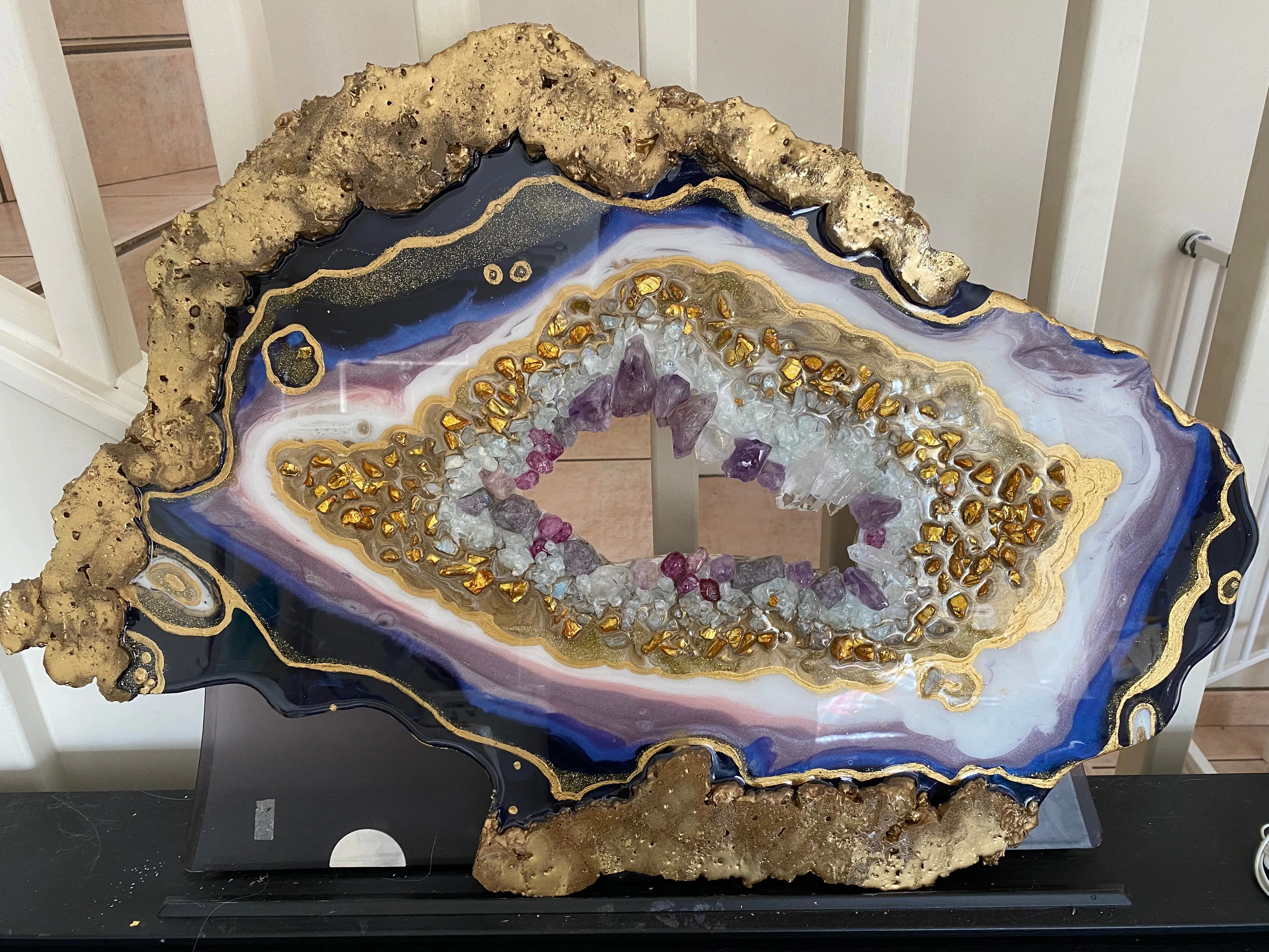 Amethyst Torus  Geode. Freeform Purple and Gold Geode Gemstone Artwork with Amethysts