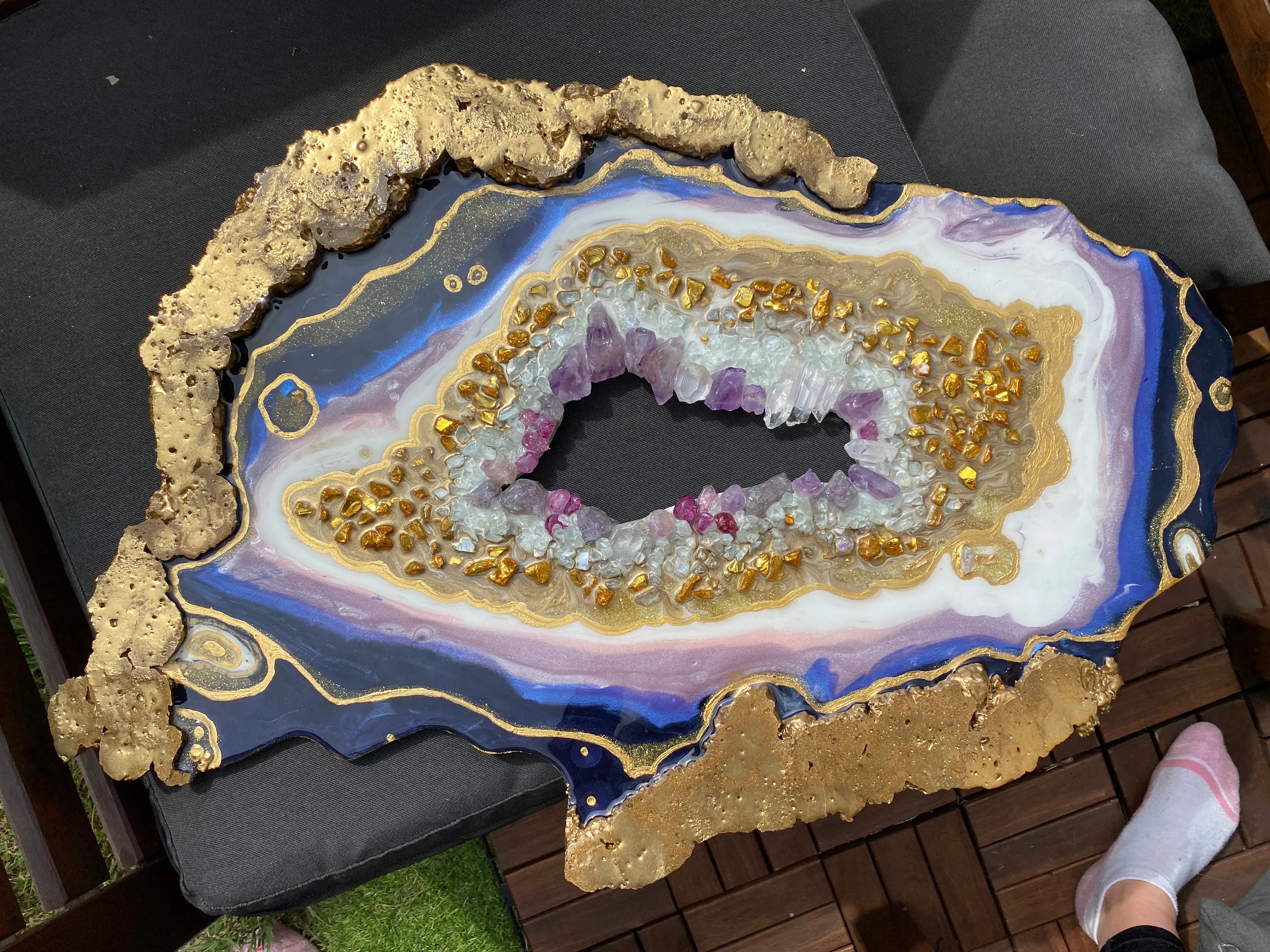 Amethyst Torus  Geode. Freeform Purple and Gold Geode Gemstone Artwork with Amethysts