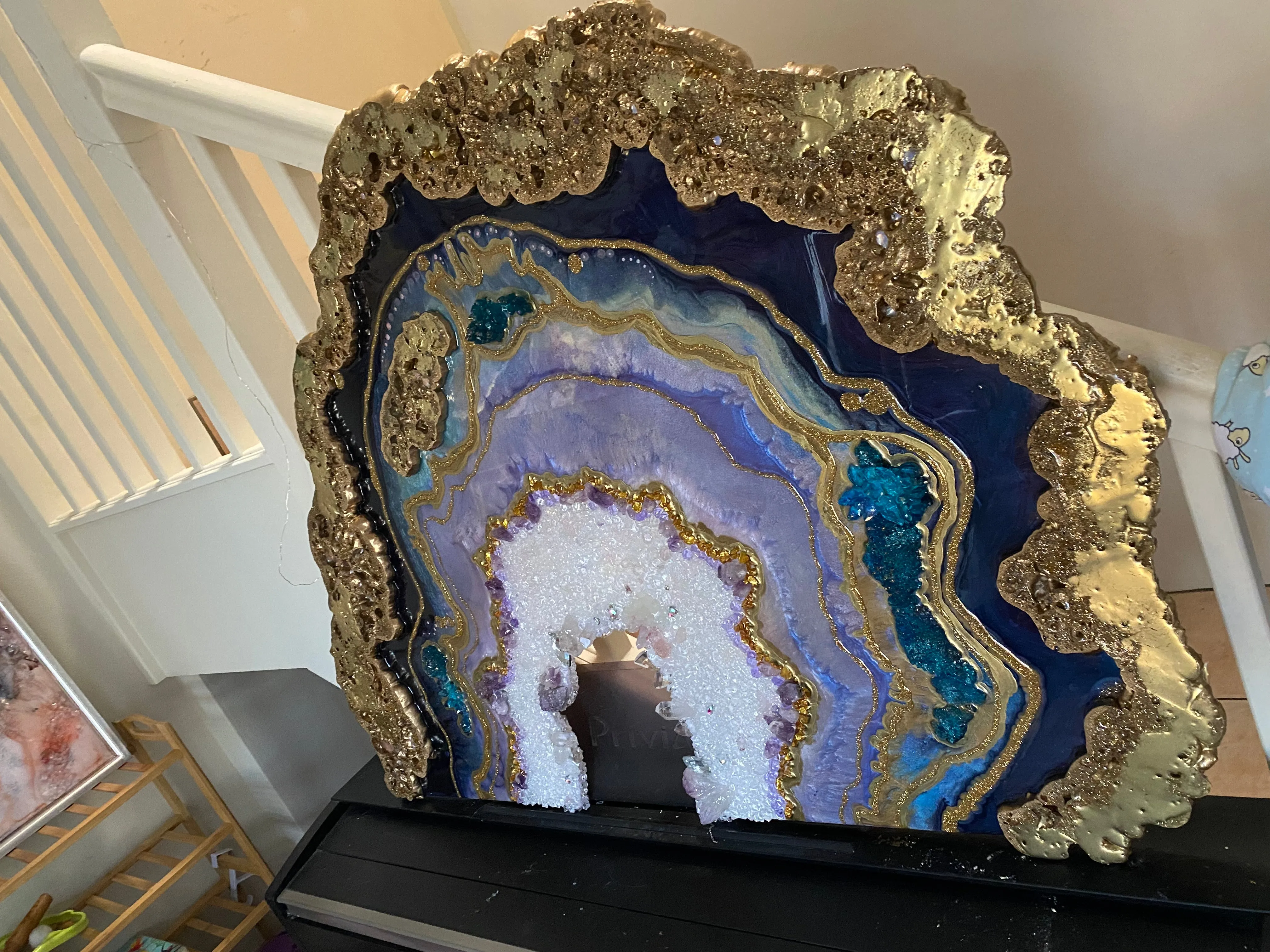 Amethyst Torus  Geode. Freeform Purple and Gold Geode Gemstone Artwork with Amethysts