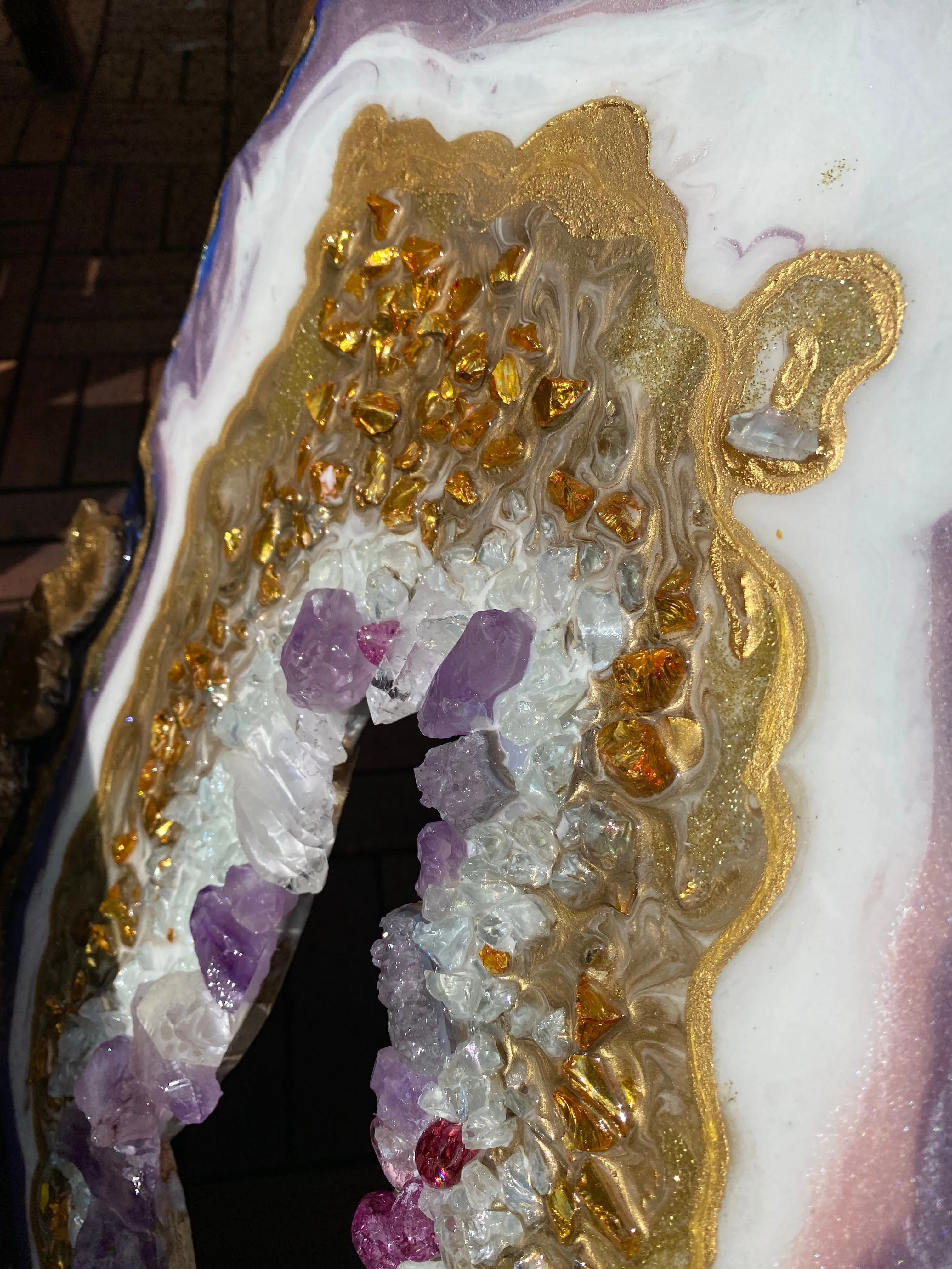 Amethyst Torus  Geode. Freeform Purple and Gold Geode Gemstone Artwork with Amethysts