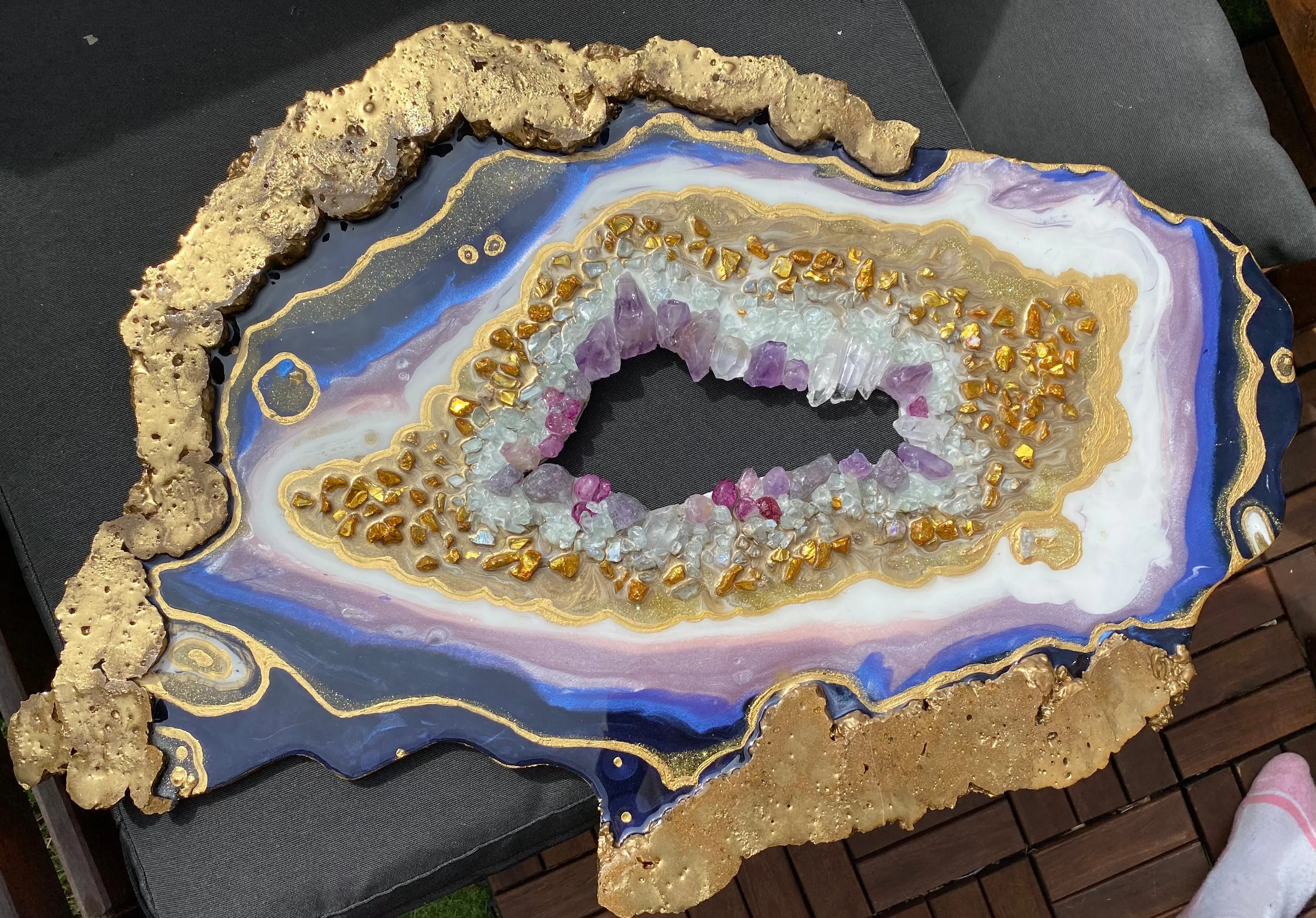 Amethyst Torus  Geode. Freeform Purple and Gold Geode Gemstone Artwork with Amethysts