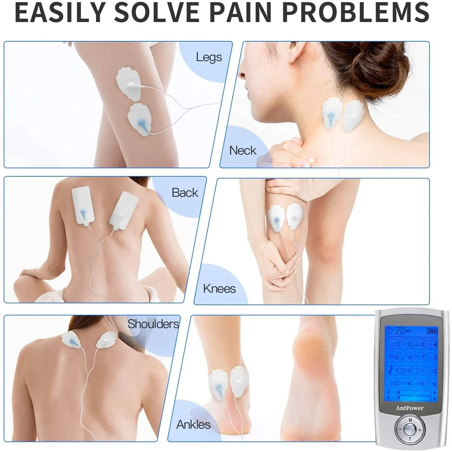 AntPower Dual Channel TENS Machine Muscle Stimulator,16 Modes Dual Channel Tens Unit Machine, 20 Level Strengthtens EMS Massager with 6 Reusable Premium Electrode Pads for Pain Relief