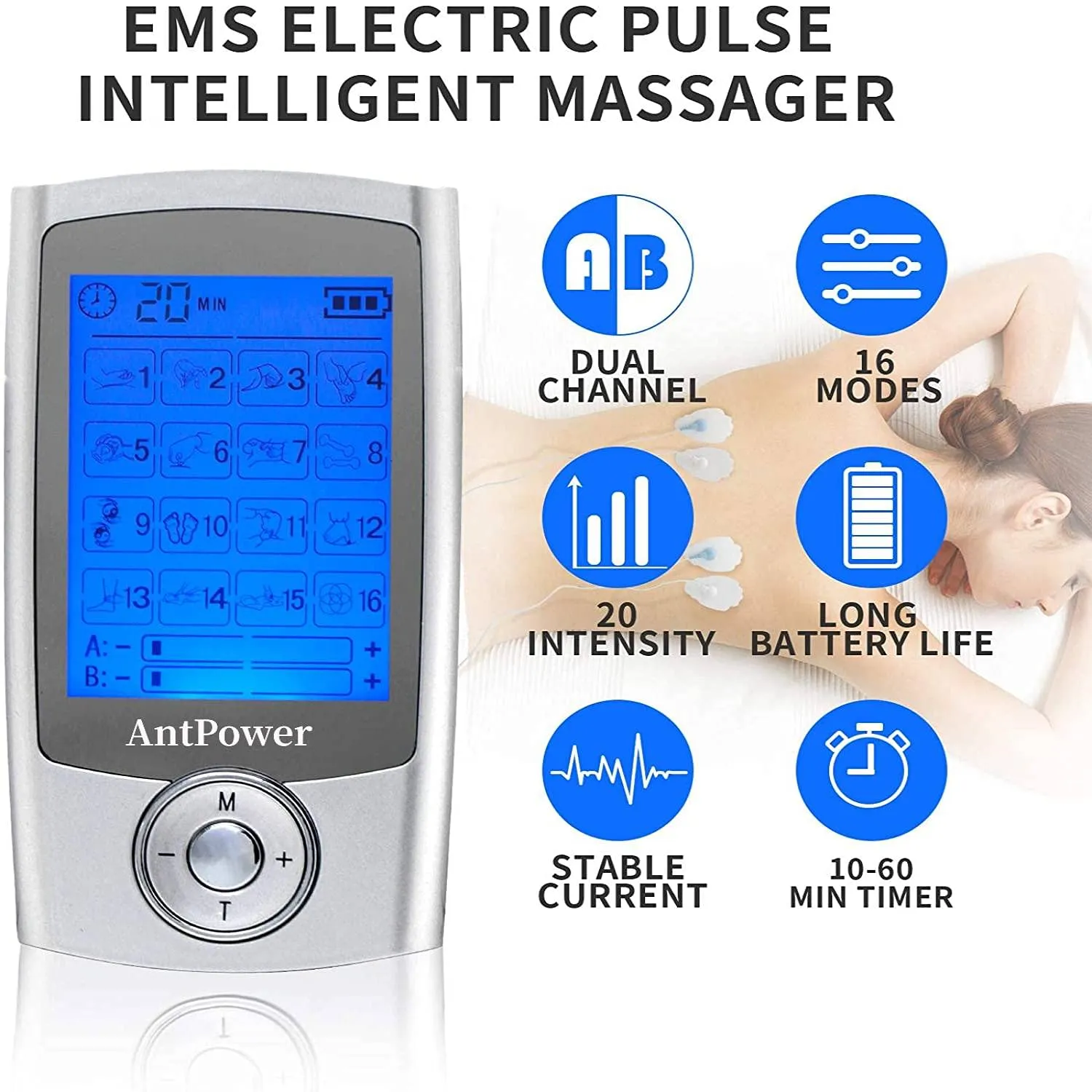 AntPower Dual Channel TENS Machine Muscle Stimulator,16 Modes Dual Channel Tens Unit Machine, 20 Level Strengthtens EMS Massager with 6 Reusable Premium Electrode Pads for Pain Relief