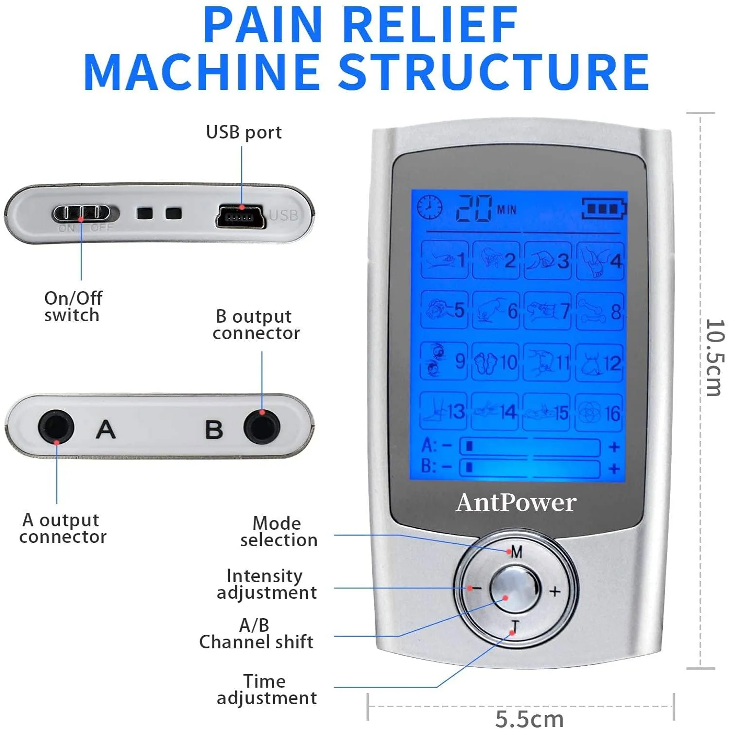AntPower Dual Channel TENS Machine Muscle Stimulator,16 Modes Dual Channel Tens Unit Machine, 20 Level Strengthtens EMS Massager with 6 Reusable Premium Electrode Pads for Pain Relief