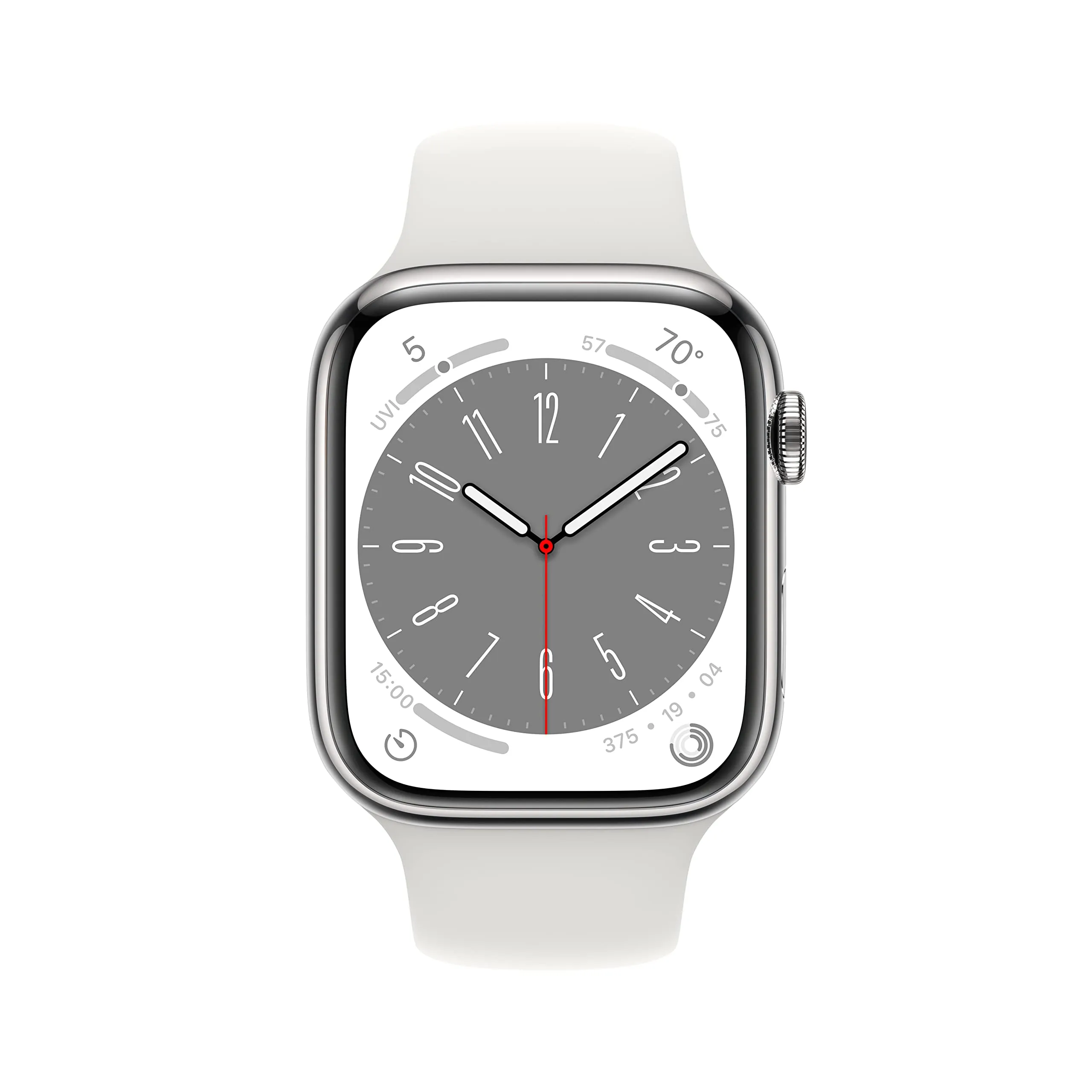 Apple Watch Series 8 [GPS   Cellular 45mm] Smart Watch w/Silver Stainless Steel Case with White Sport Band - M/L. Fitness Tracker, Blood Oxygen & ECG Apps, Always-On Retina Display, Water Resistant