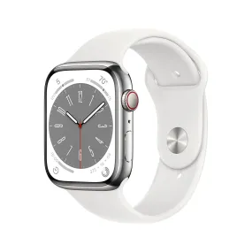 Apple Watch Series 8 [GPS   Cellular 45mm] Smart Watch w/Silver Stainless Steel Case with White Sport Band - M/L. Fitness Tracker, Blood Oxygen & ECG Apps, Always-On Retina Display, Water Resistant