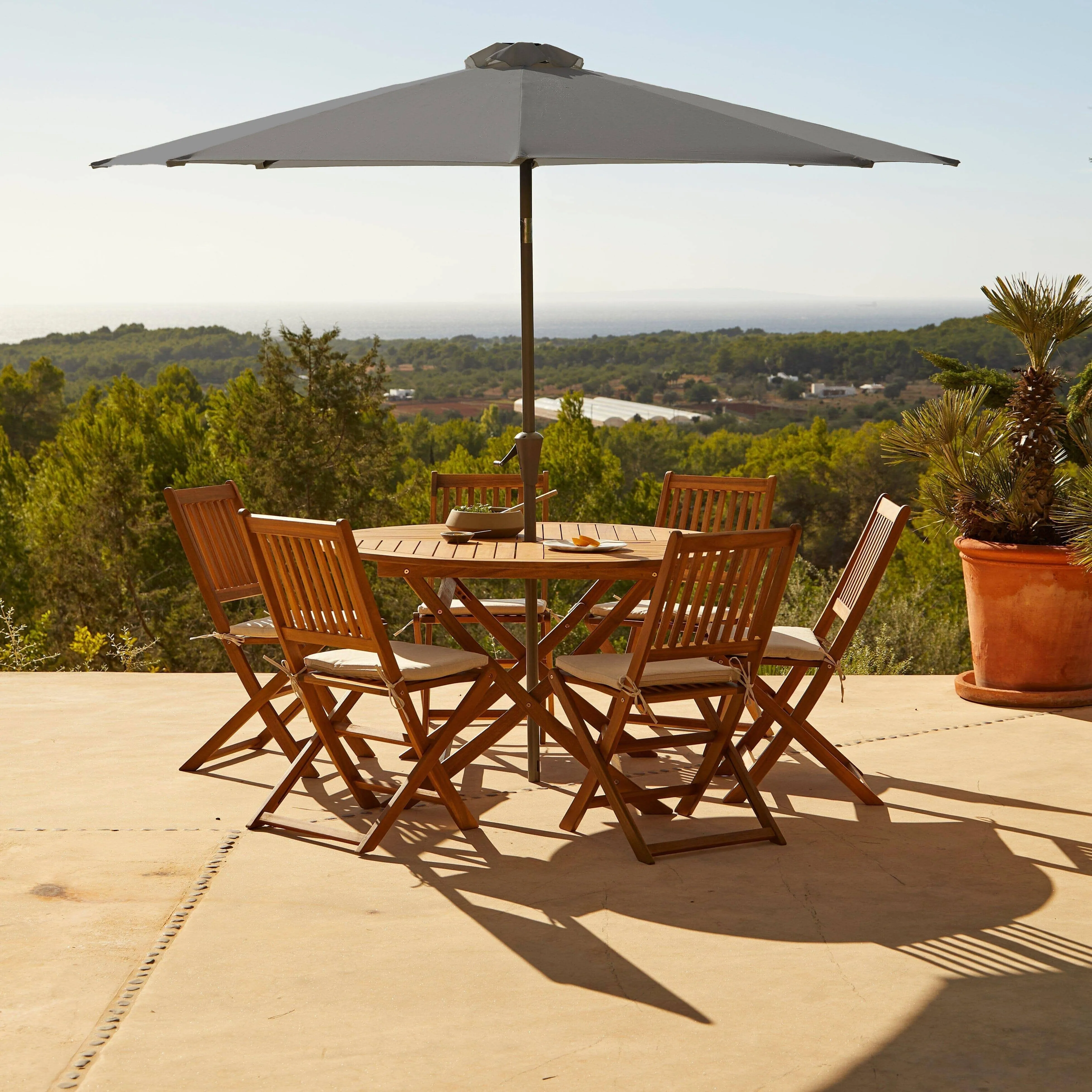 Ashby 6 Seater Round Wooden Garden Dining Set with Arms & Grey LED Premium Parasol  - 130cm