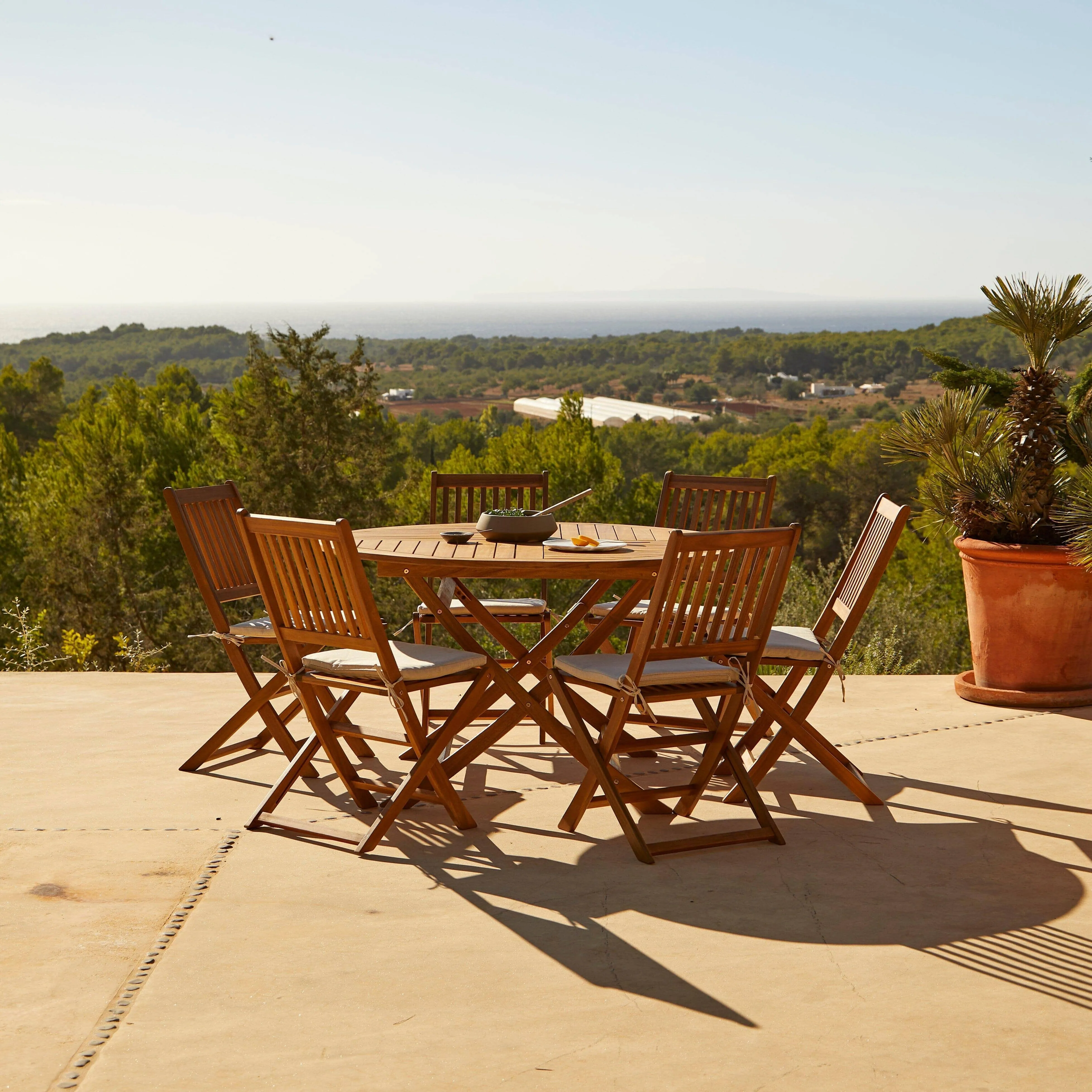 Ashby 6 Seater Round Wooden Garden Dining Set with Arms & Grey LED Premium Parasol  - 130cm