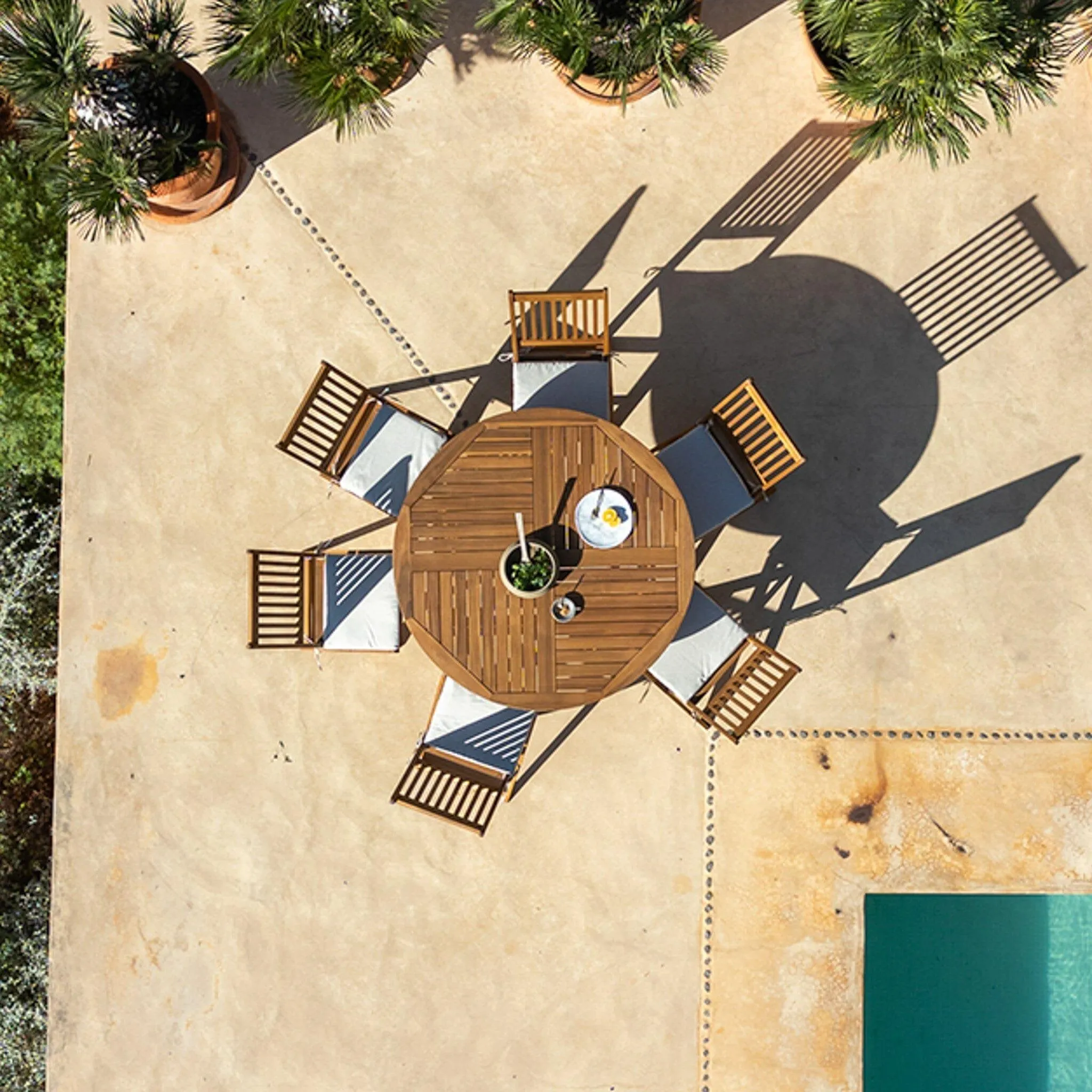 Ashby 6 Seater Wooden Round Garden Dining Set with Cream LED Premium Parasol  - 130cm