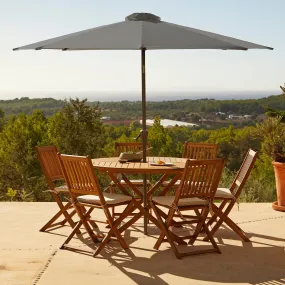 Ashby 6 Seater Wooden Round Garden Dining Set with Grey LED Premium Parasol  - 130cm