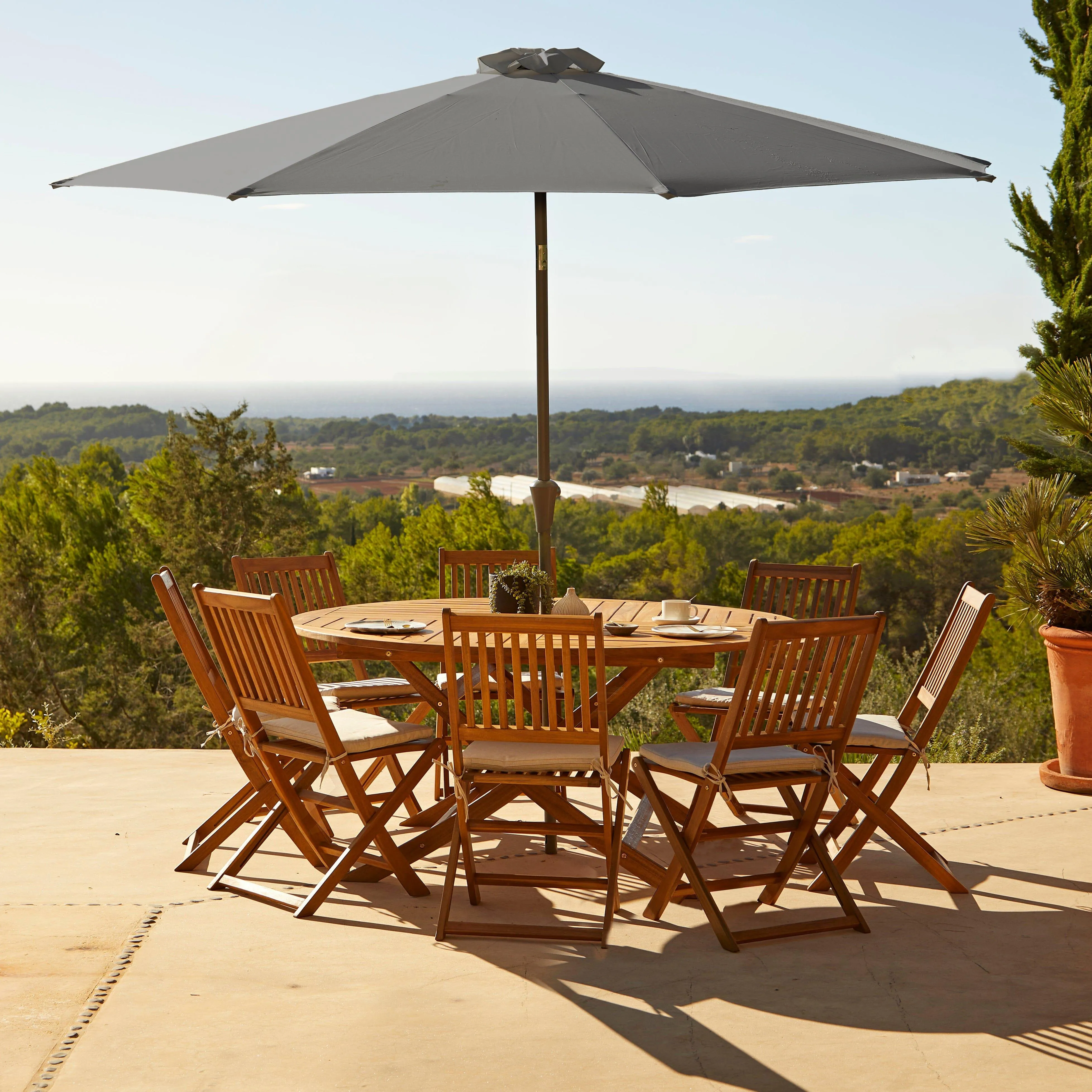 Ashby 8 Seater Wooden Round Garden Dining Set with Grey Parasol - 160cm