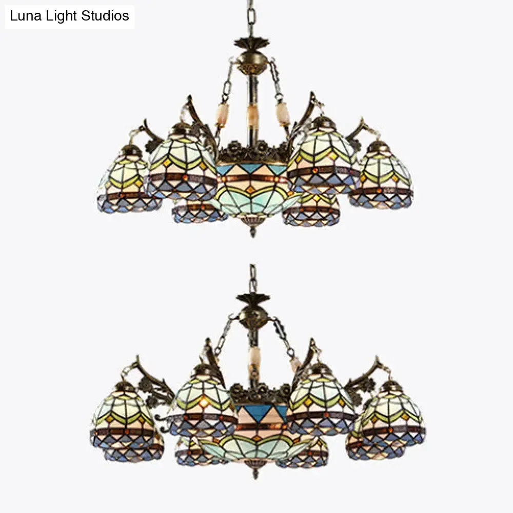 Baroque Stained Glass Pendant Light Chandelier - 9/11 Lights - Blue - Bedroom Fixture