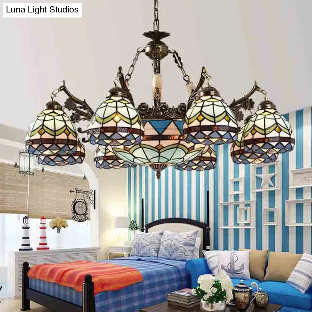 Baroque Stained Glass Pendant Light Chandelier - 9/11 Lights - Blue - Bedroom Fixture