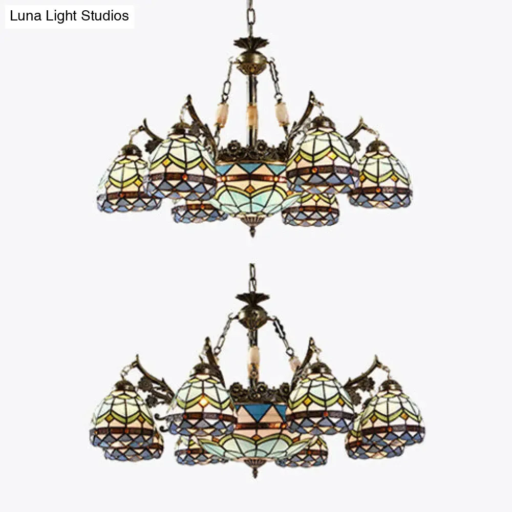 Baroque Stained Glass Pendant Light Chandelier - 9/11 Lights - Blue - Bedroom Fixture