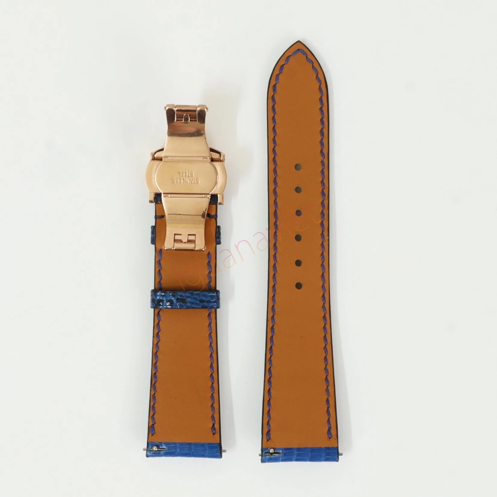 Blue Genuine iguana leather watch strap with deployment buckle, quick release pin leather watch strap, handmade leather watch strap
