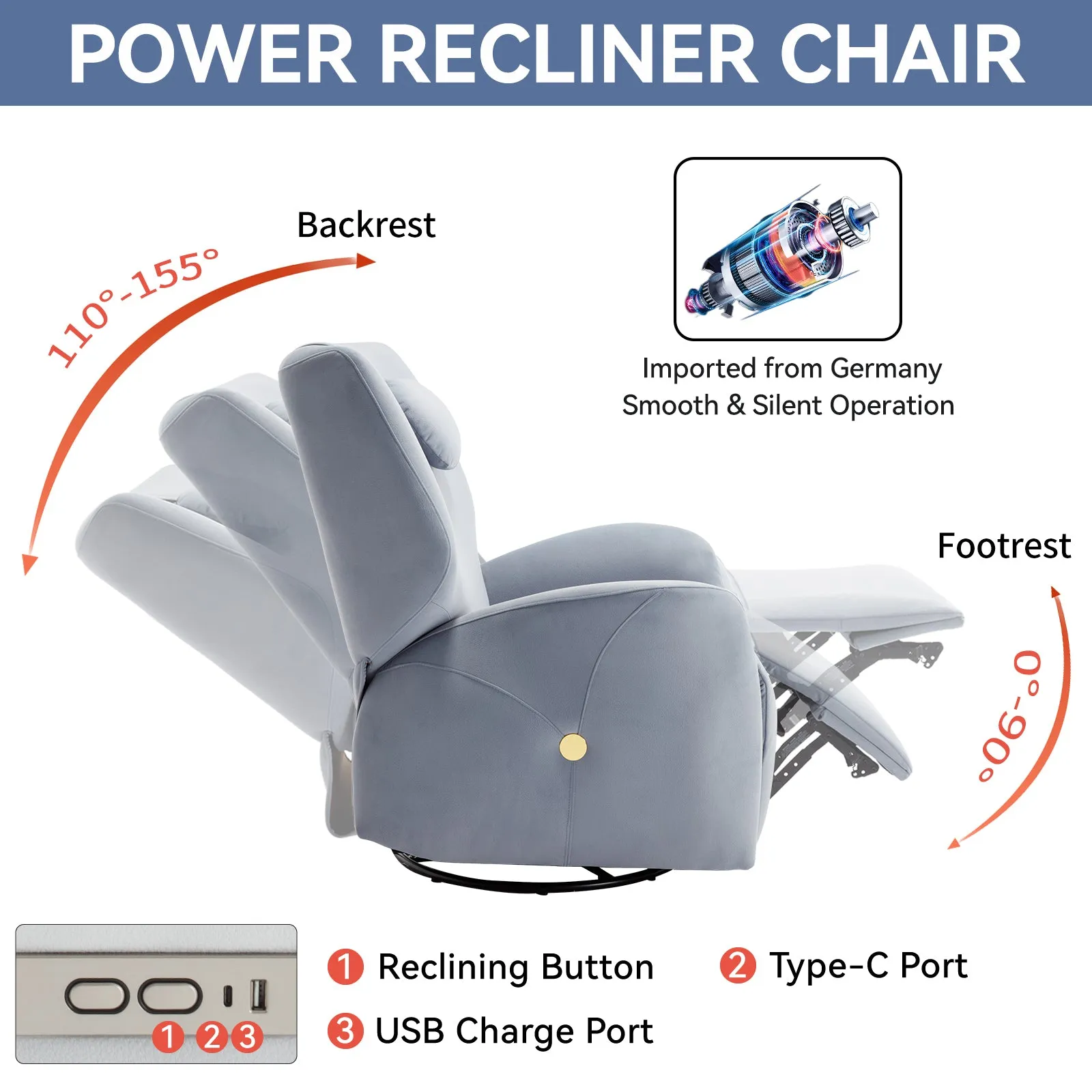 Bryce Power Recliner Chair with Lumbar and Neck Support - Blue