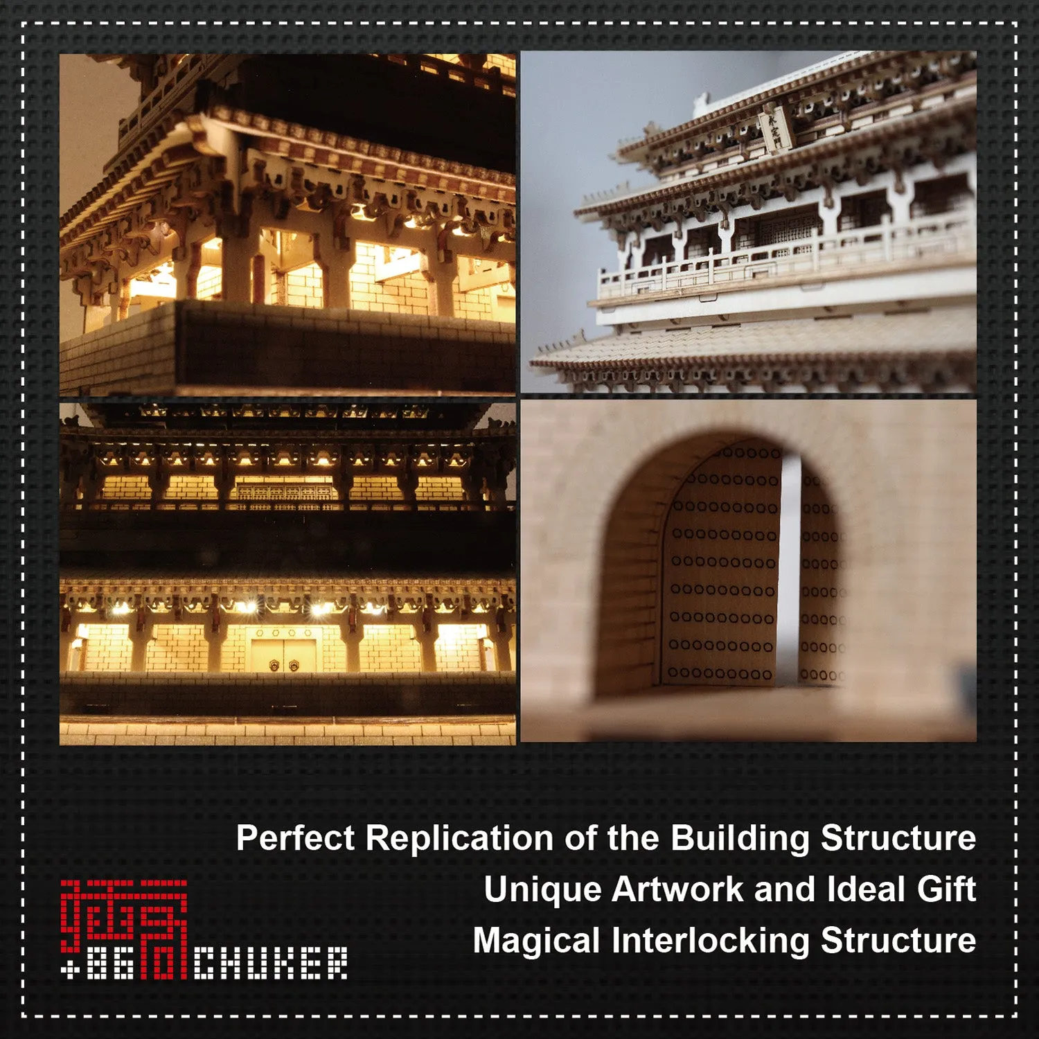 CHUKER Assembly Wooden Model Kits, Architecture 3D Puzzle with LEDs, DIY Toys Gifts, Yongding Gate (283 Pieces)