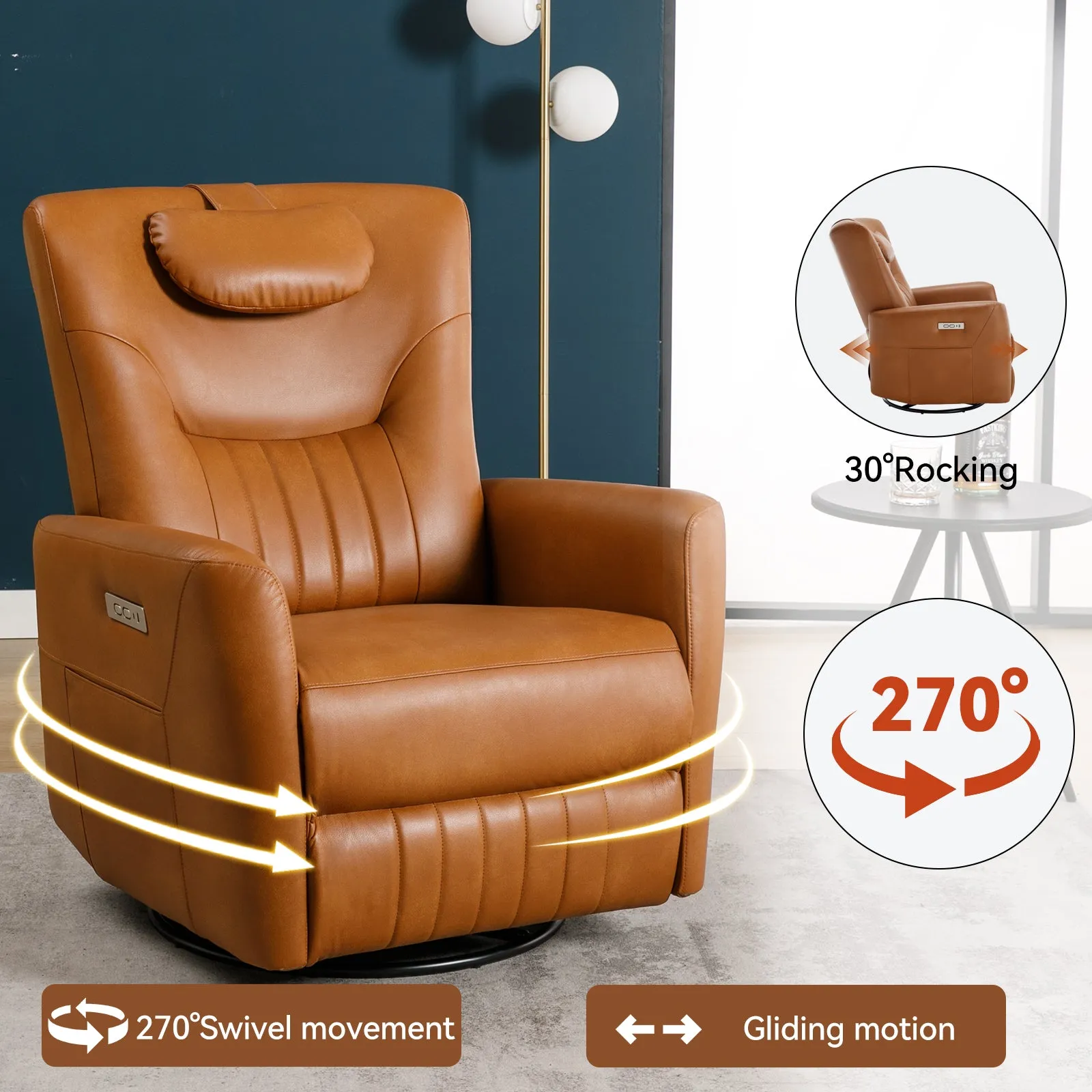 Davila Swivel and Rocker Power Recliner Chair with Lumbar and Neck Support - Yellow Brown