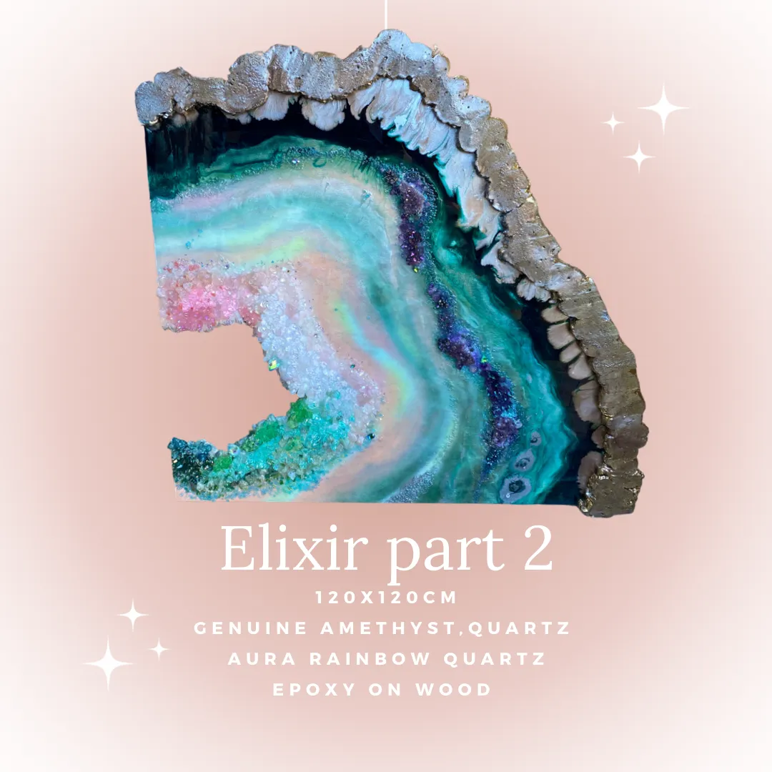 Elixir Green Blue Agate slice Freeform Crystal with Amethysts, Rose Quartz, Clear Quartz and swarovski crystals set of 2 - 120x240cm