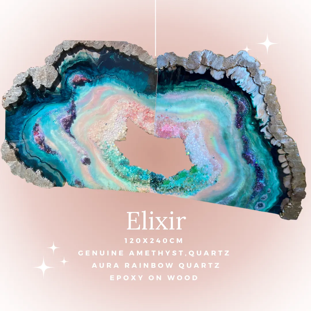 Elixir Green Blue Agate slice Freeform Crystal with Amethysts, Rose Quartz, Clear Quartz and swarovski crystals set of 2 - 120x240cm