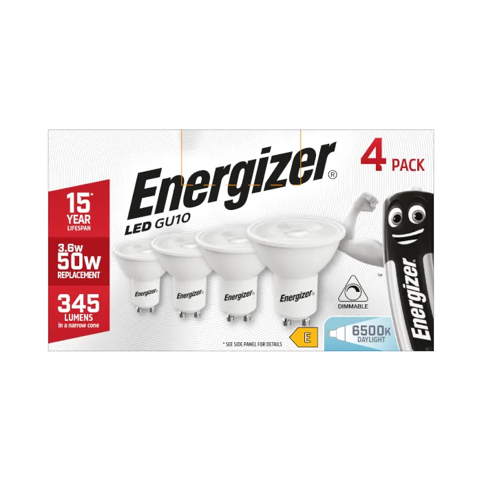 Energizer 3.6W GU10 LED Spotlight - 4 Pack - Dimmable - 345lm - 6500K