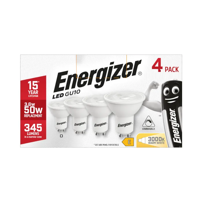 Energizer 3.6W GU10 LED Spotlight - 4 Pack - Dimmable - 345lm